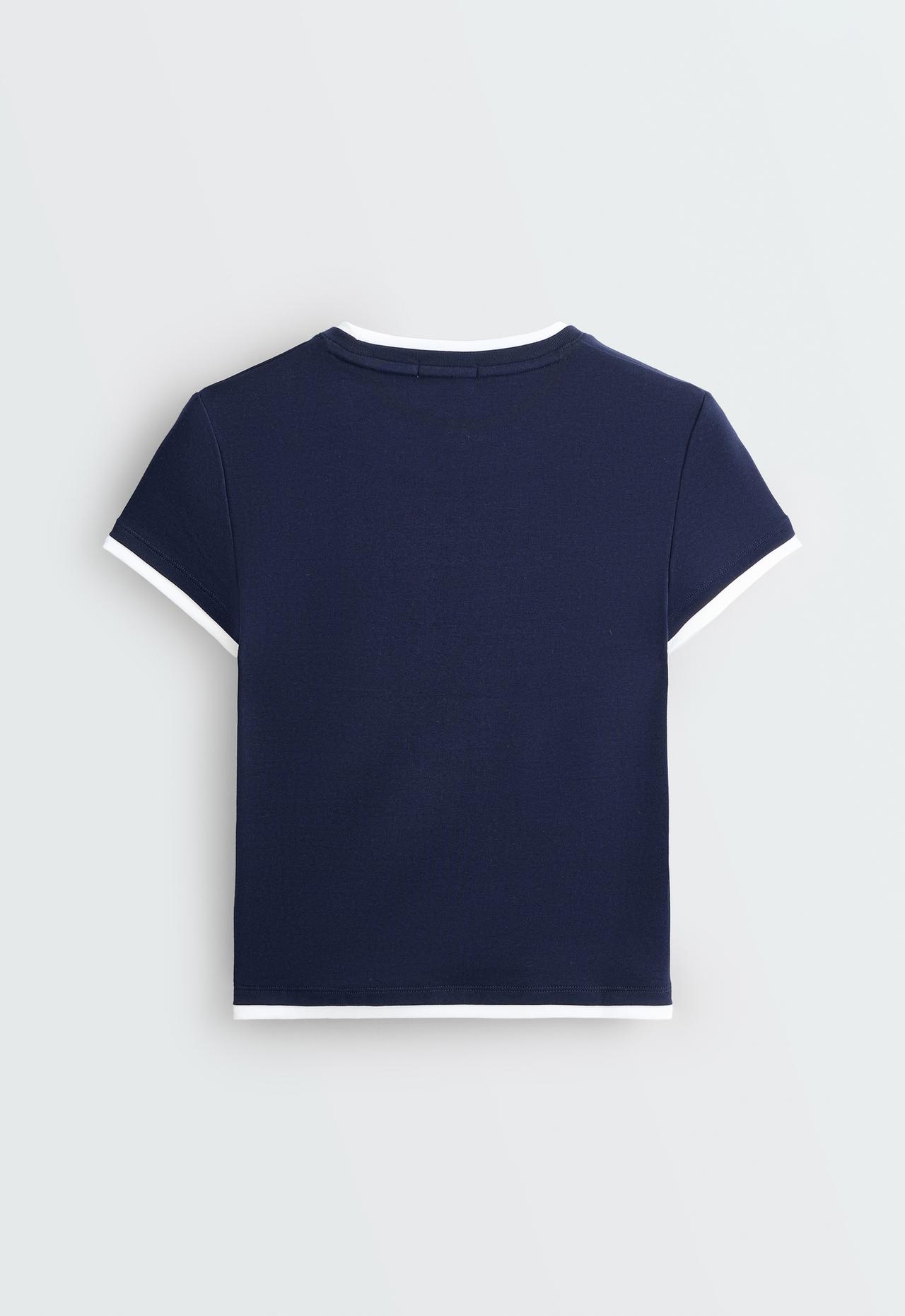 Cotton blend double rib effect short sleeve T-shirt — NAVY BLUE