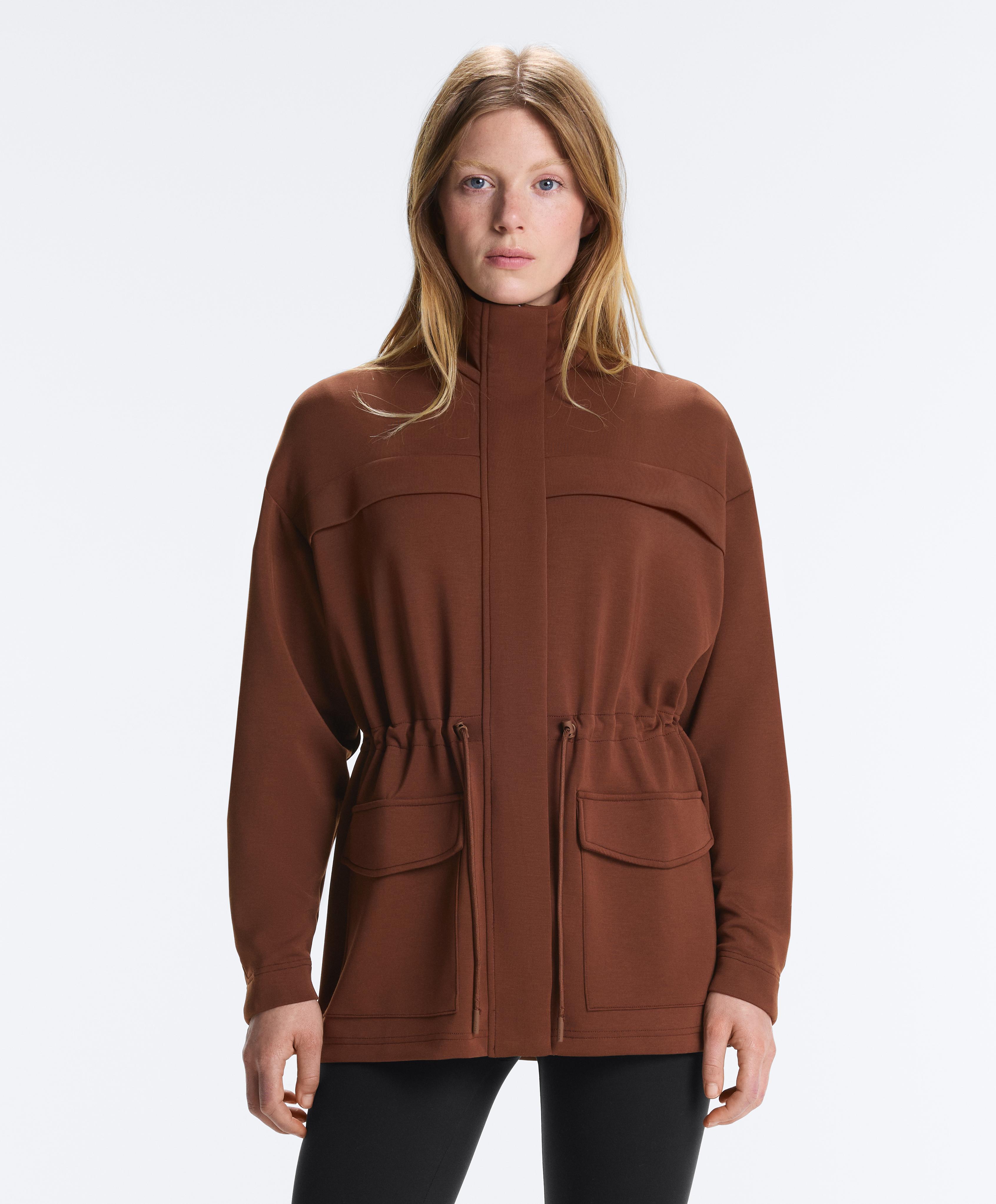 Long soft-touch modal jacket with pockets — COFFEE