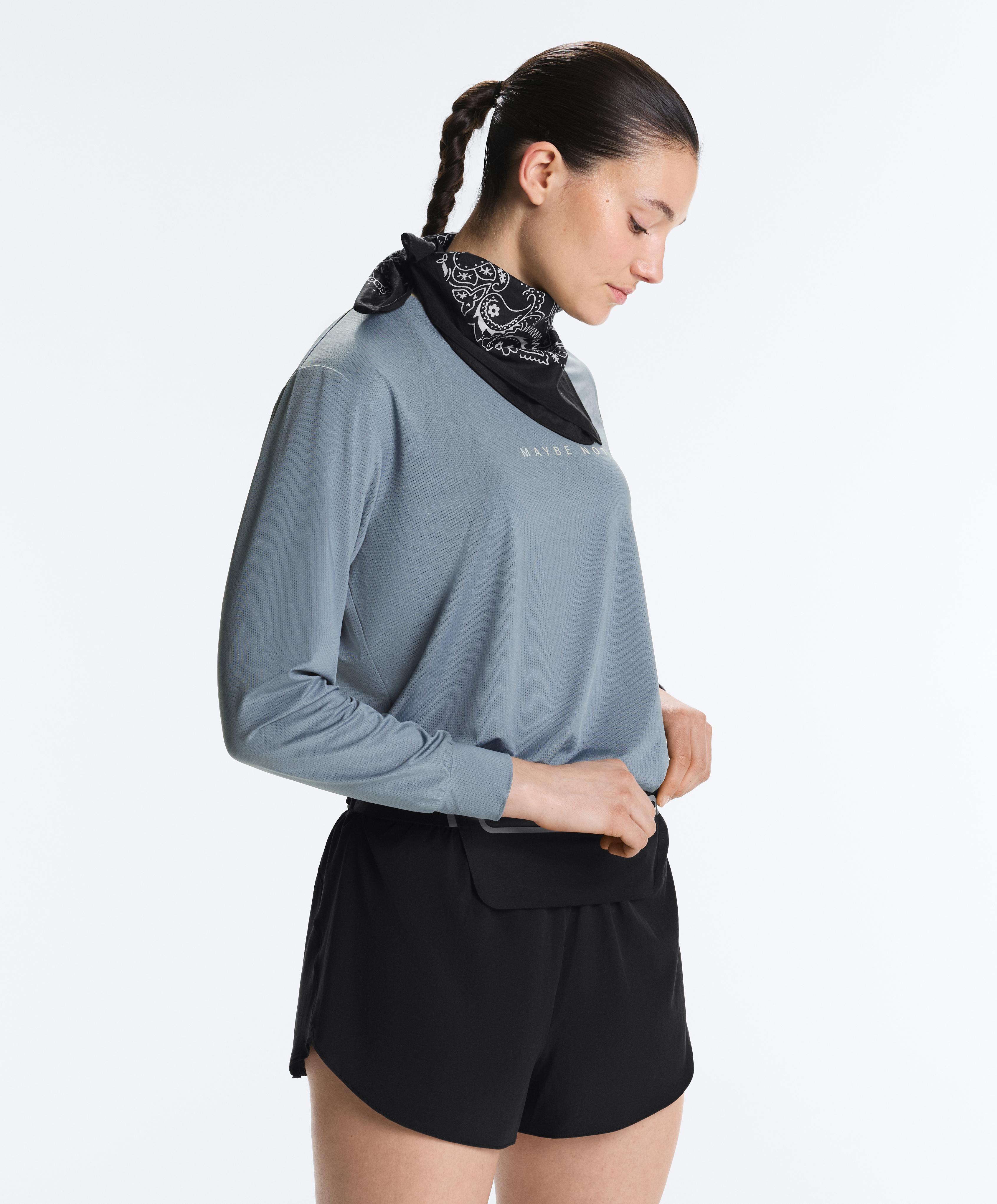 Long-sleeved technical T-shirt with text — MID GREY-BLUE