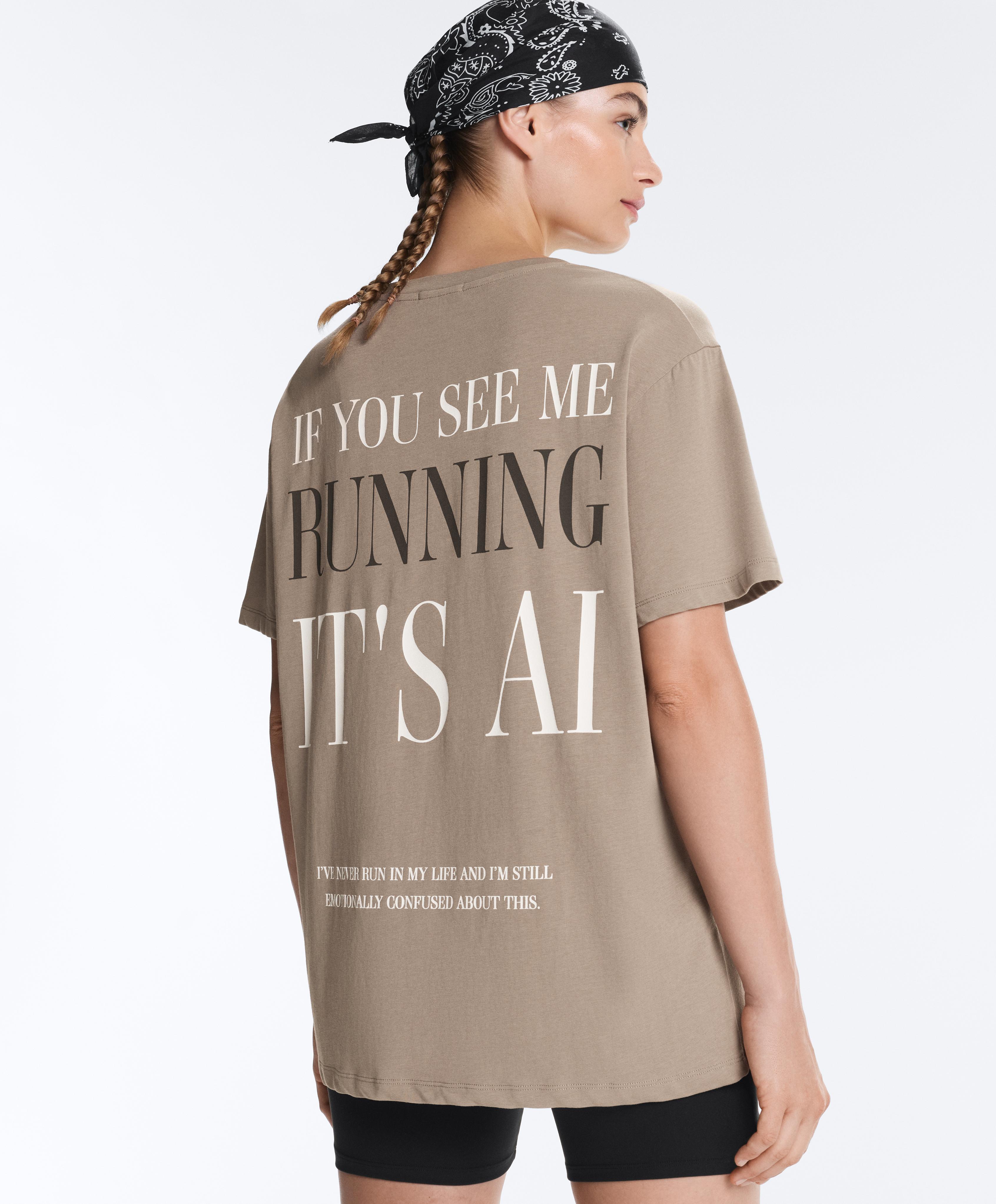 Boxy short-sleeved cotton blend T-shirt with slogan — MINK GREY
