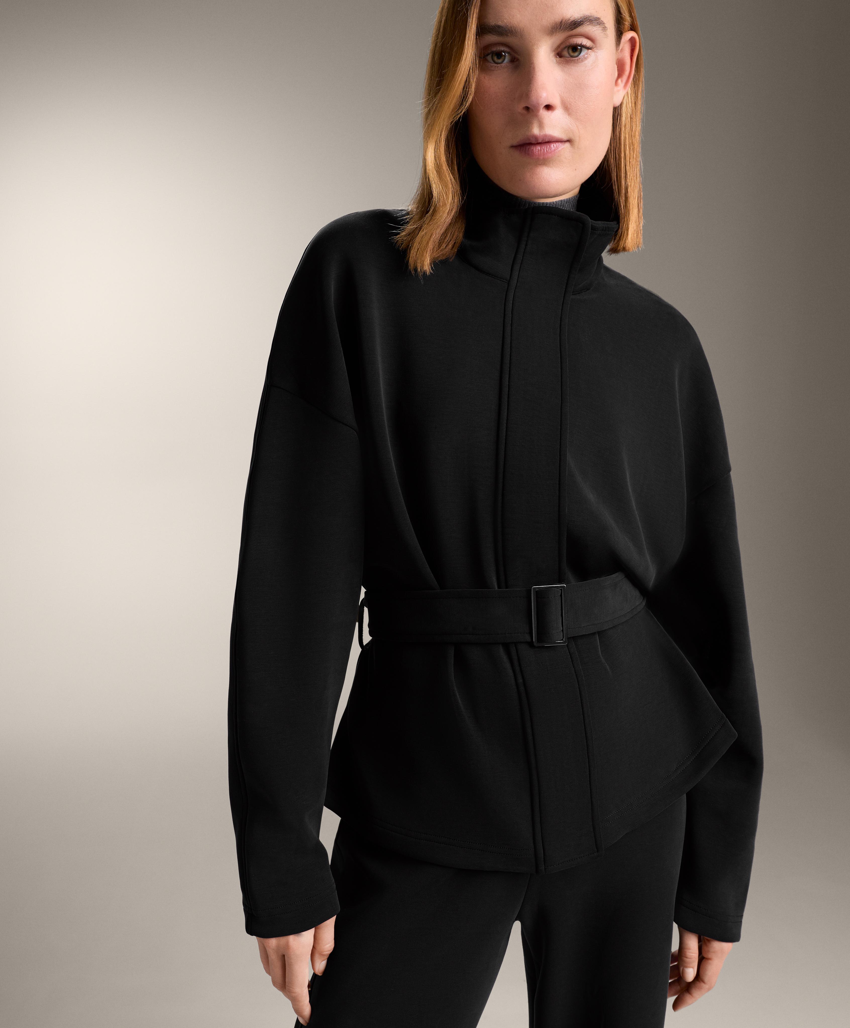 Long belted jacket with brushed modal — BLACK