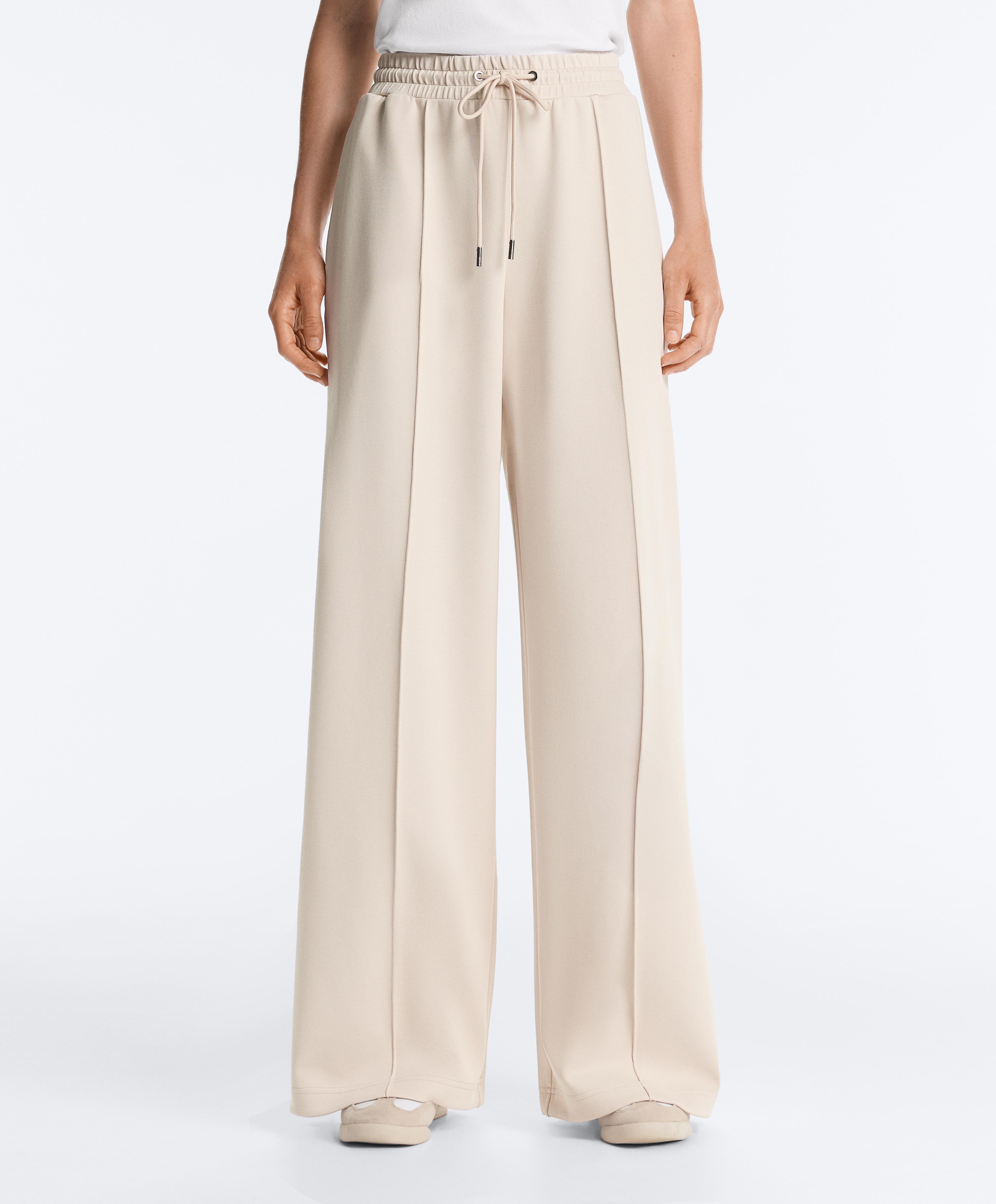 Cotton piqué straight-leg trousers with crease — PALE BEIGE