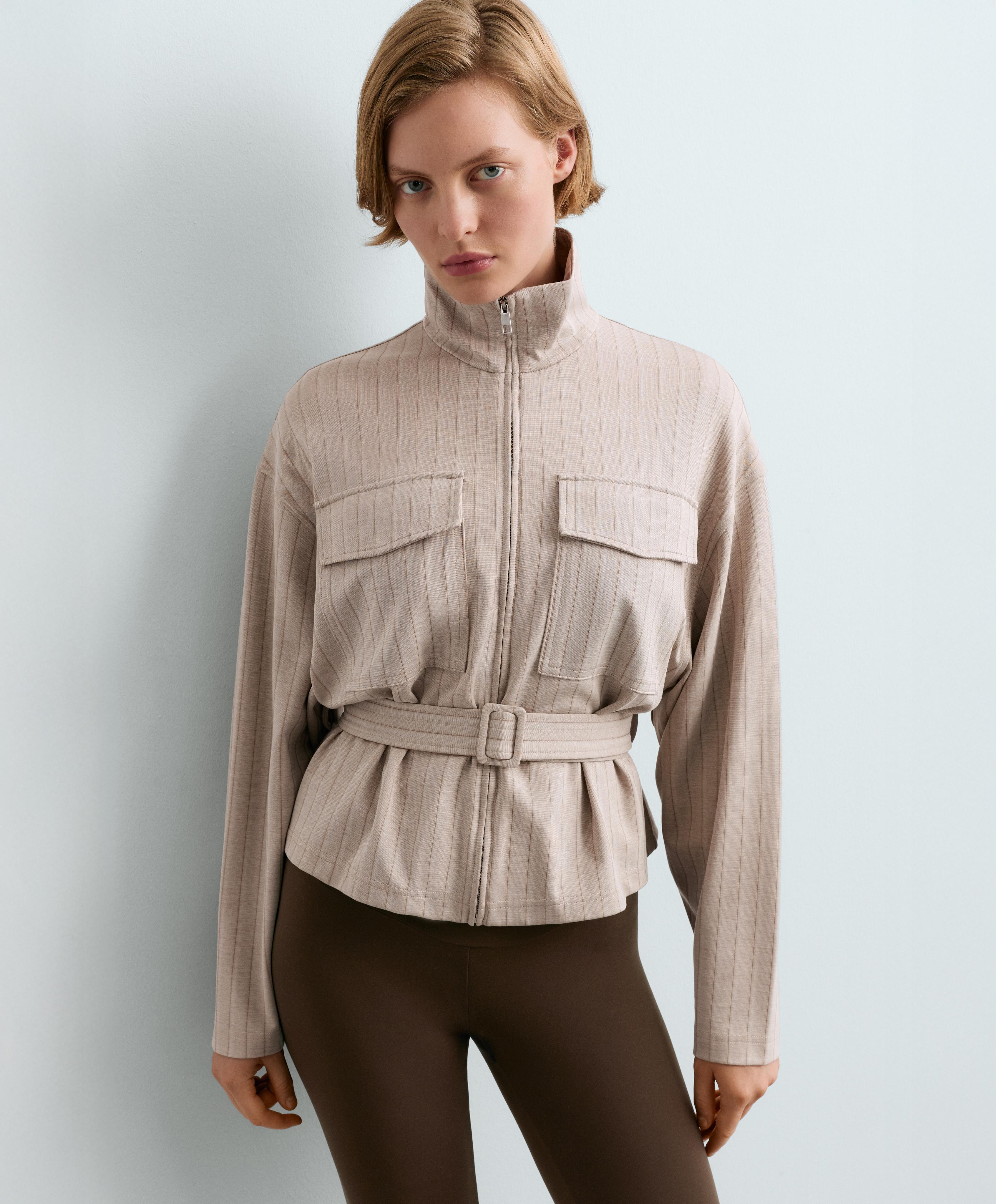 Soft-touch striped belted jacket — SOFT MINK
