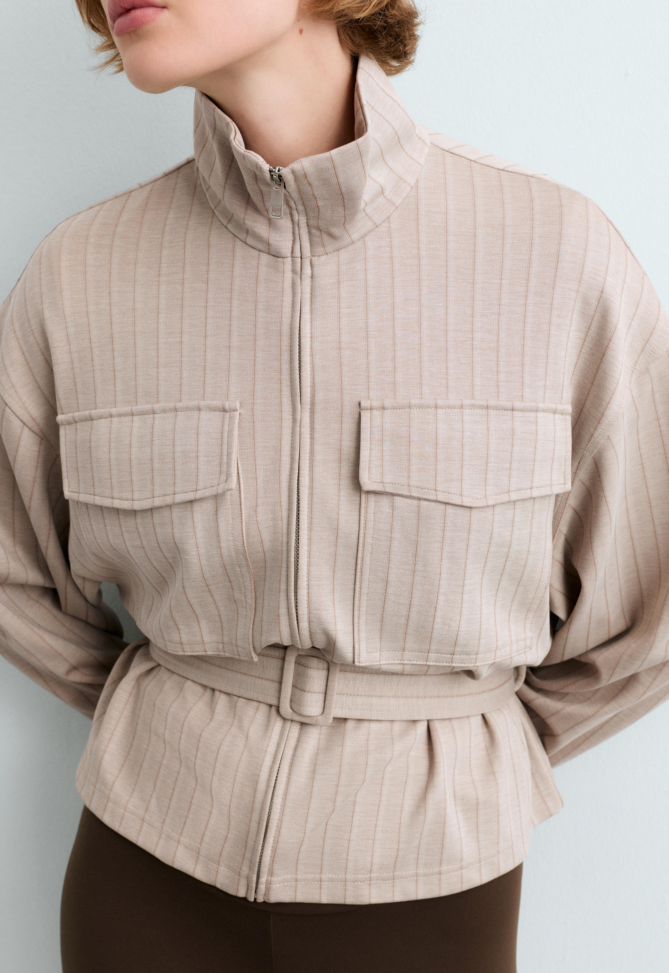 Soft-touch striped belted jacket — SOFT MINK