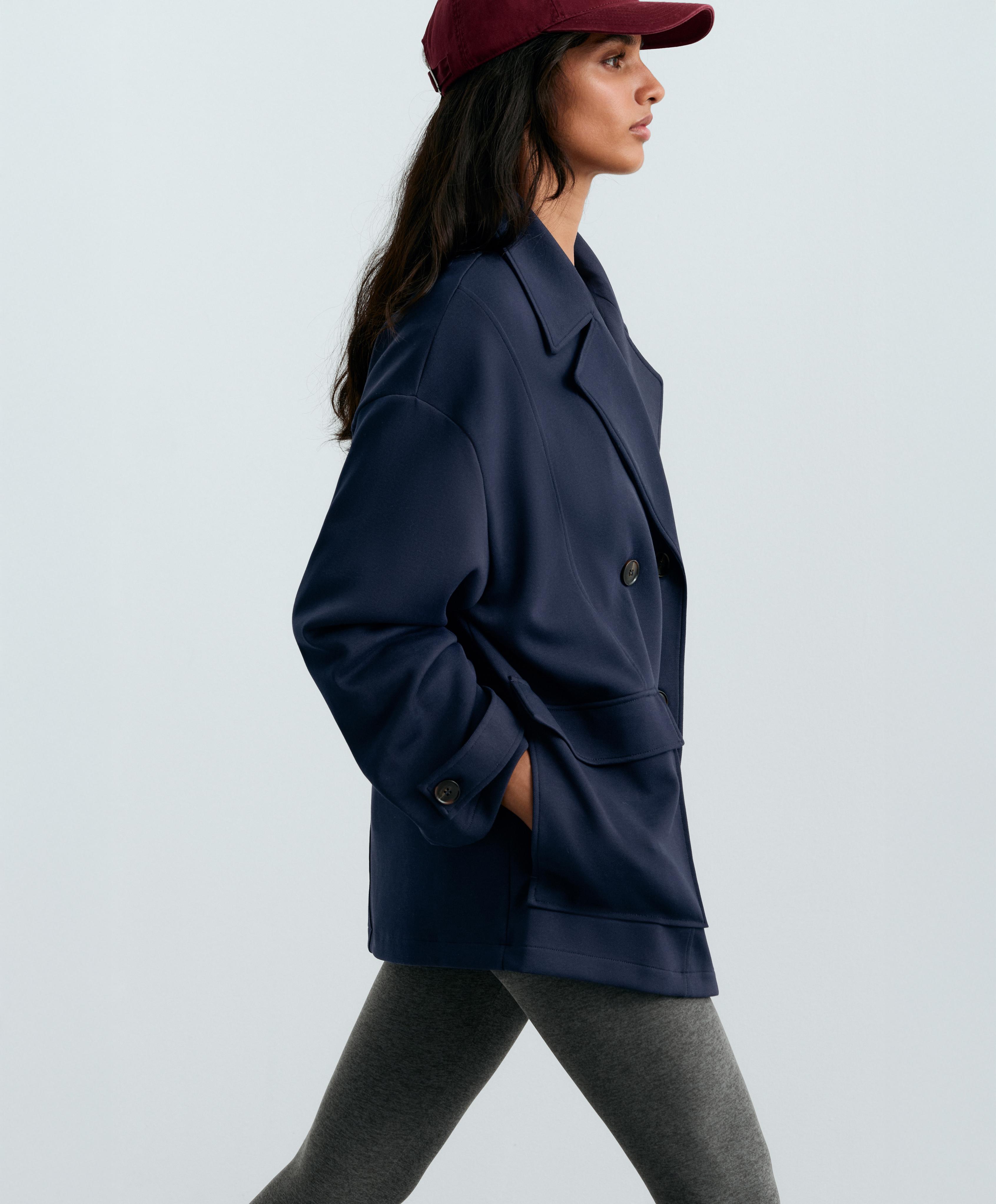 6-button long piqué cotton jacket — NAVY BLUE