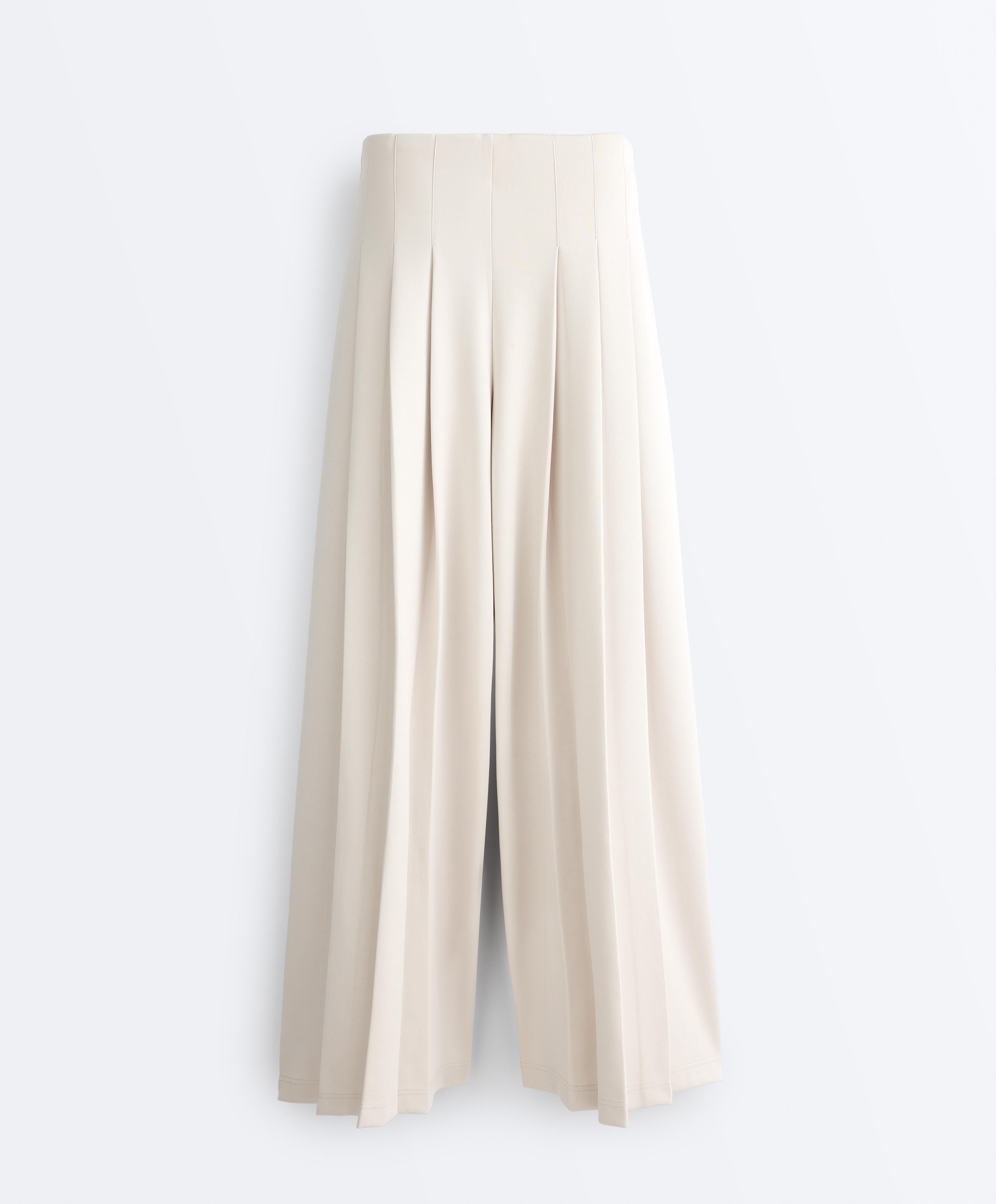 Cotton wide-leg pique trousers with pleats — PALE MINK