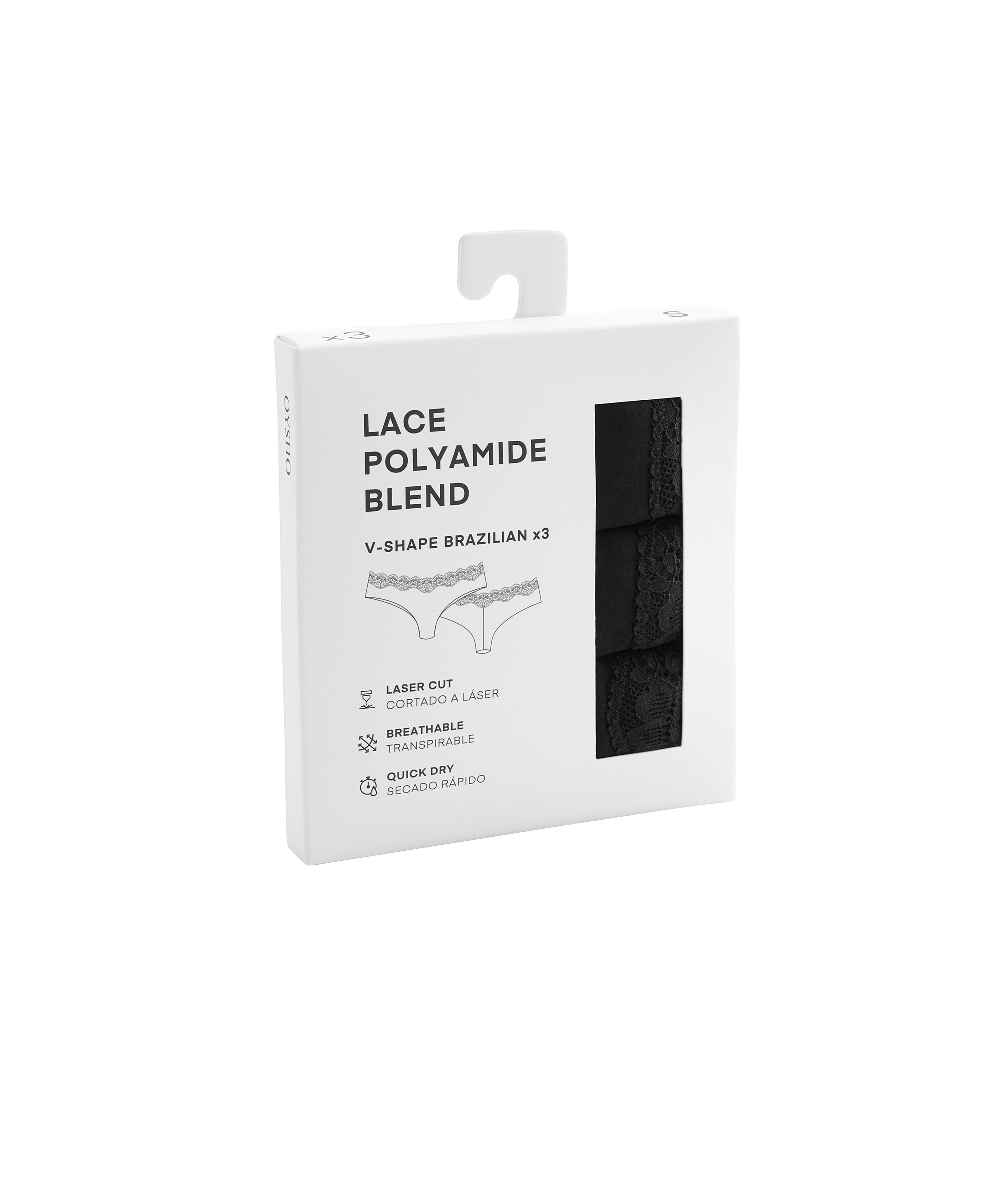 3 V-cut lace laser-cut polyamide Brazilian briefs — BLACK