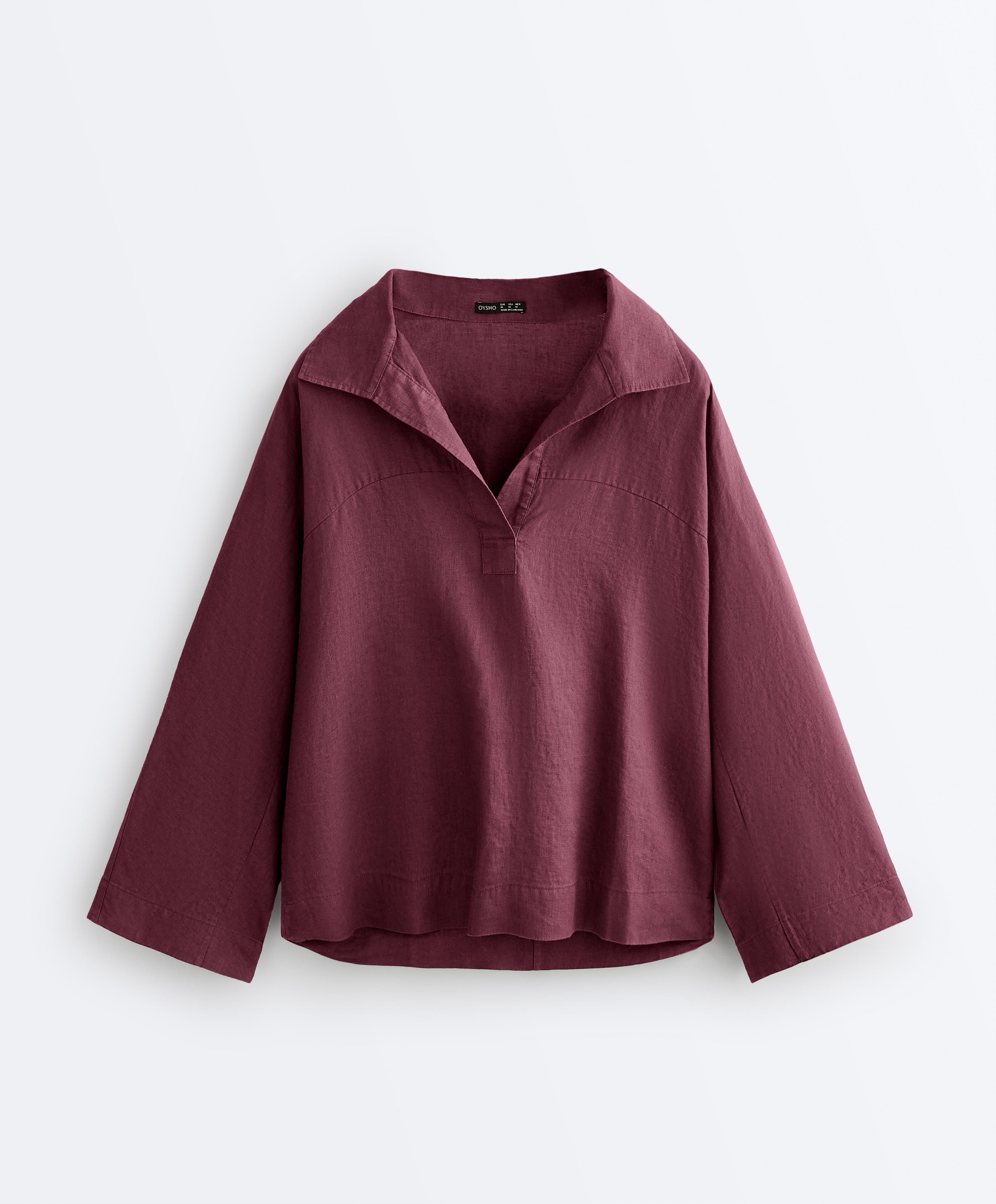 Oversize long-sleeve 100% linen polo shirt — CHERRY