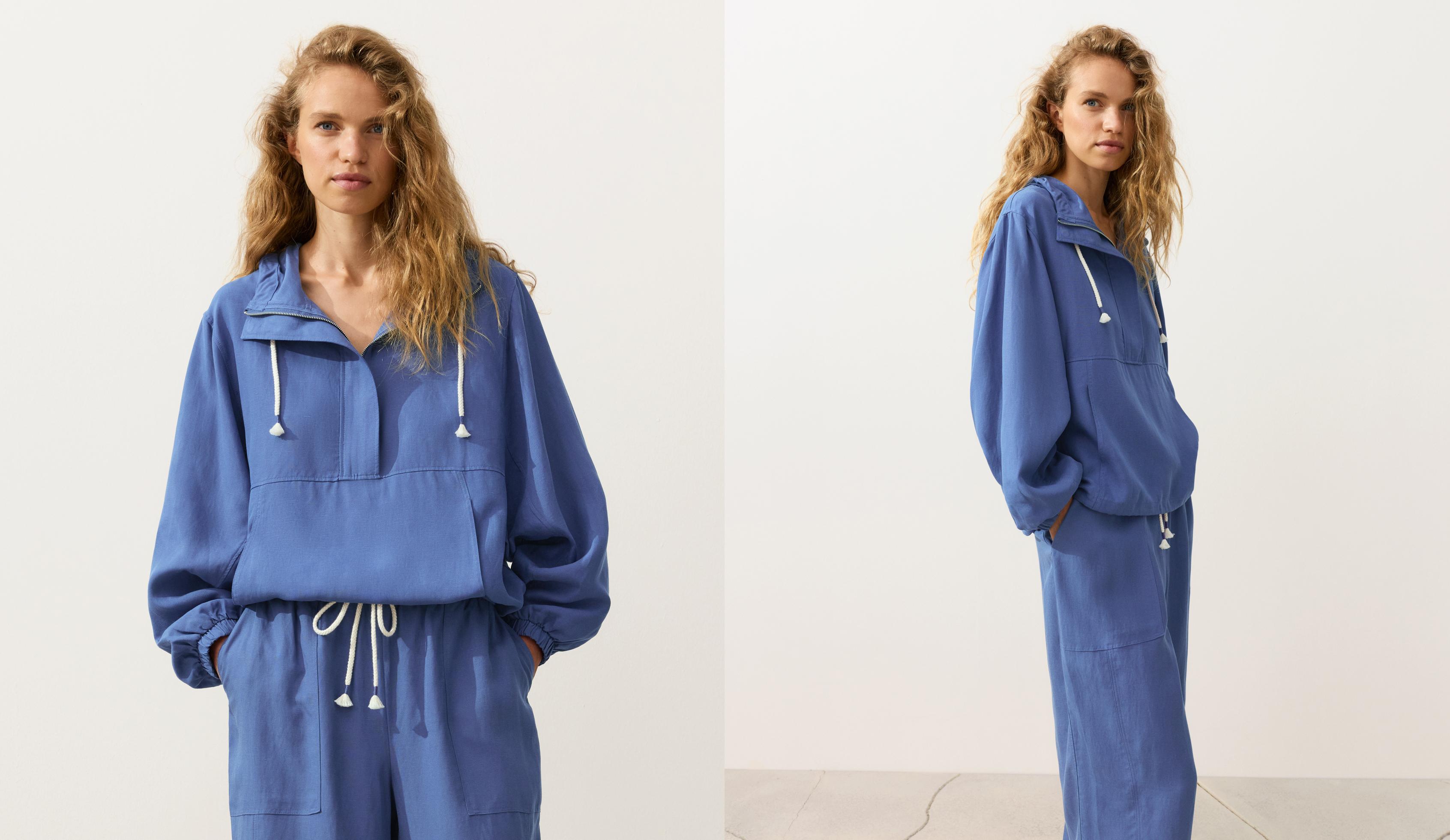 Half-zip sweatshirt with front pocket, lyocell and 24% linen blend — MID-WASHED BLUE