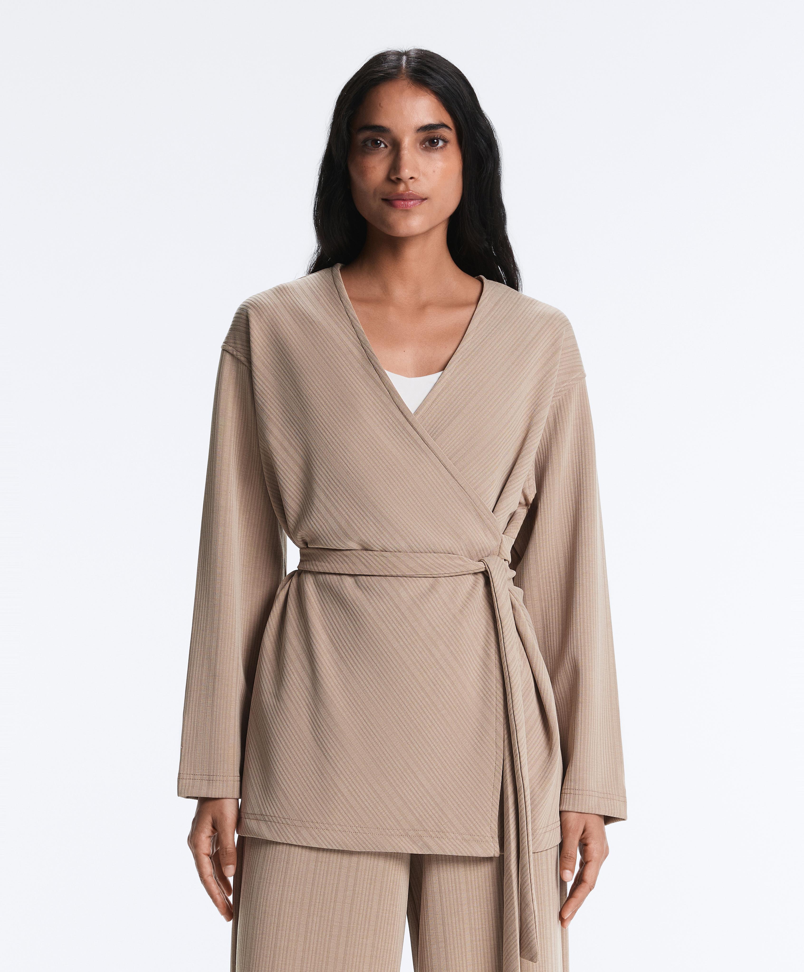 Long asymmetric stripe jacket with modal — DARK TAUPE