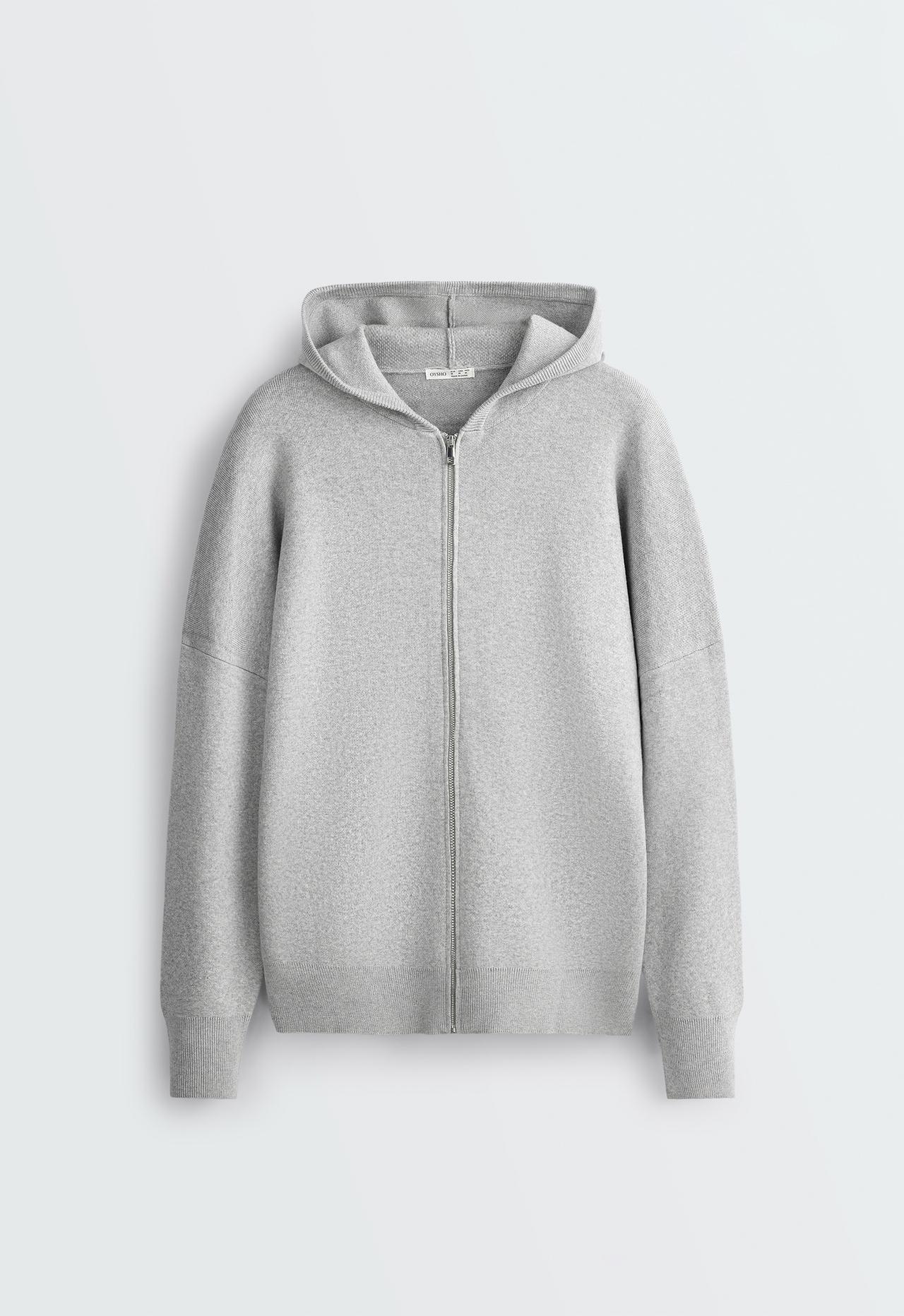 Long knit hooded jacket — PALE GREY