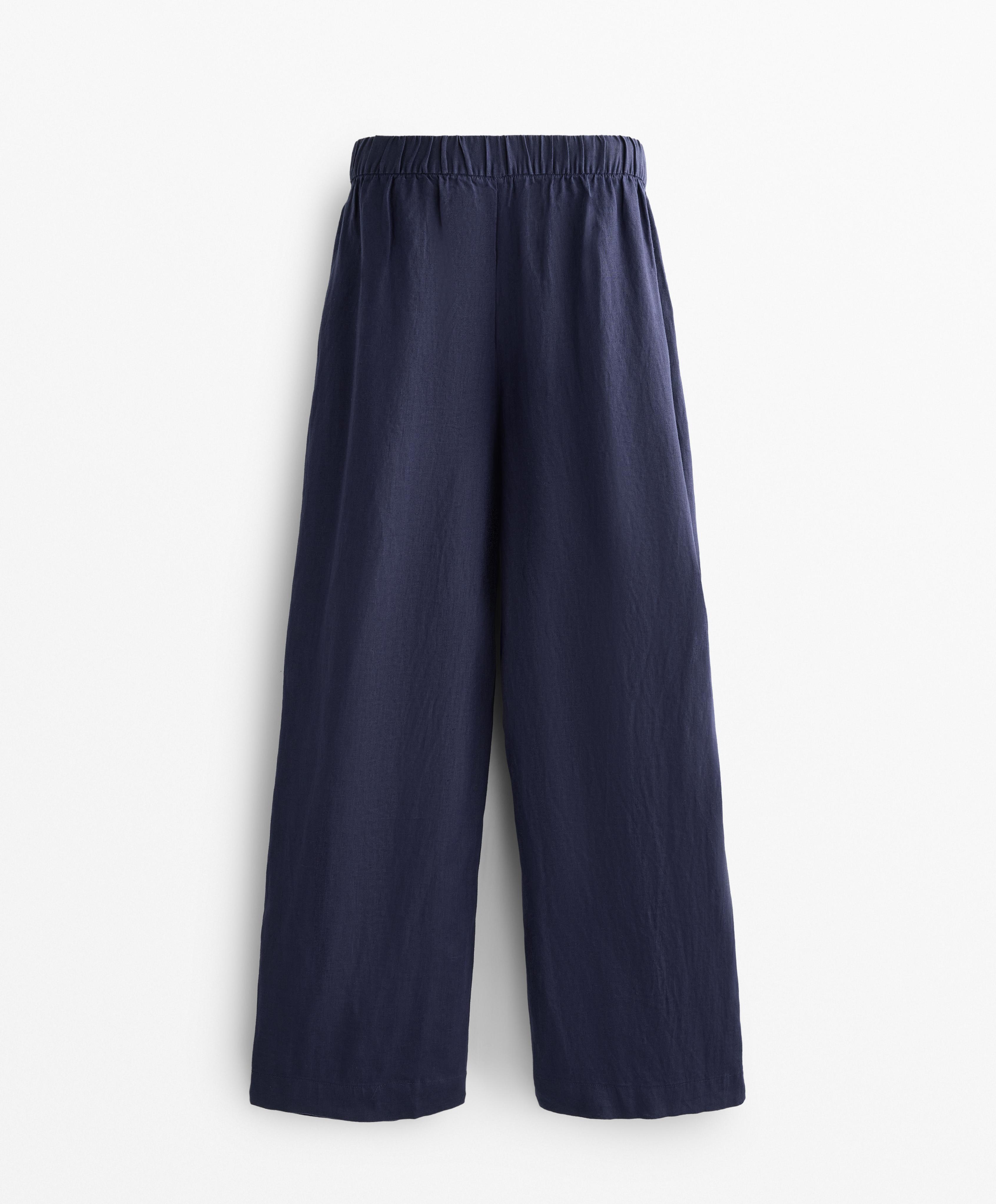 100% linen wide straight-leg trousers with crossover front