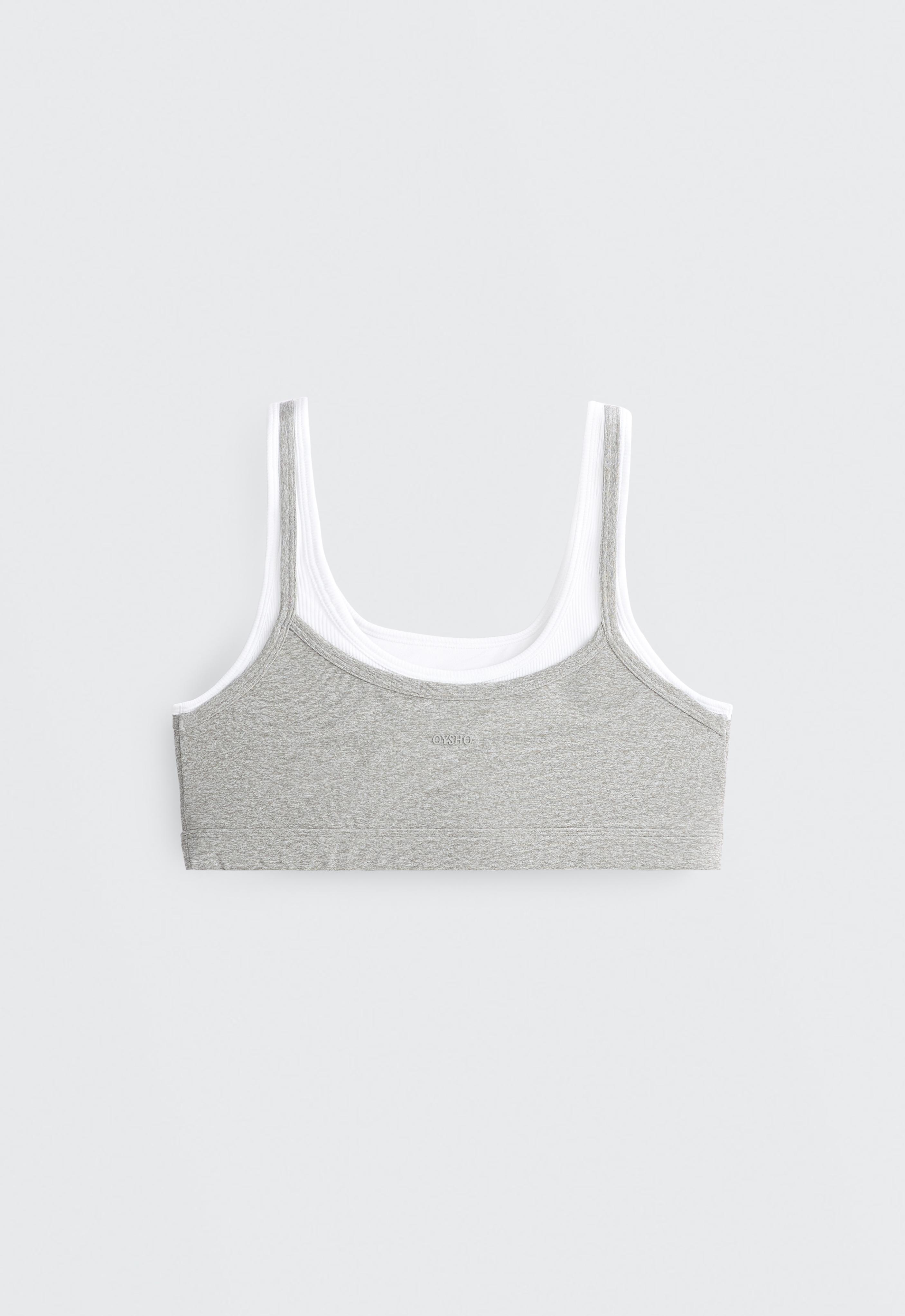 Medium-support ribbed heather sports bra with overlay — GREY MELANGE