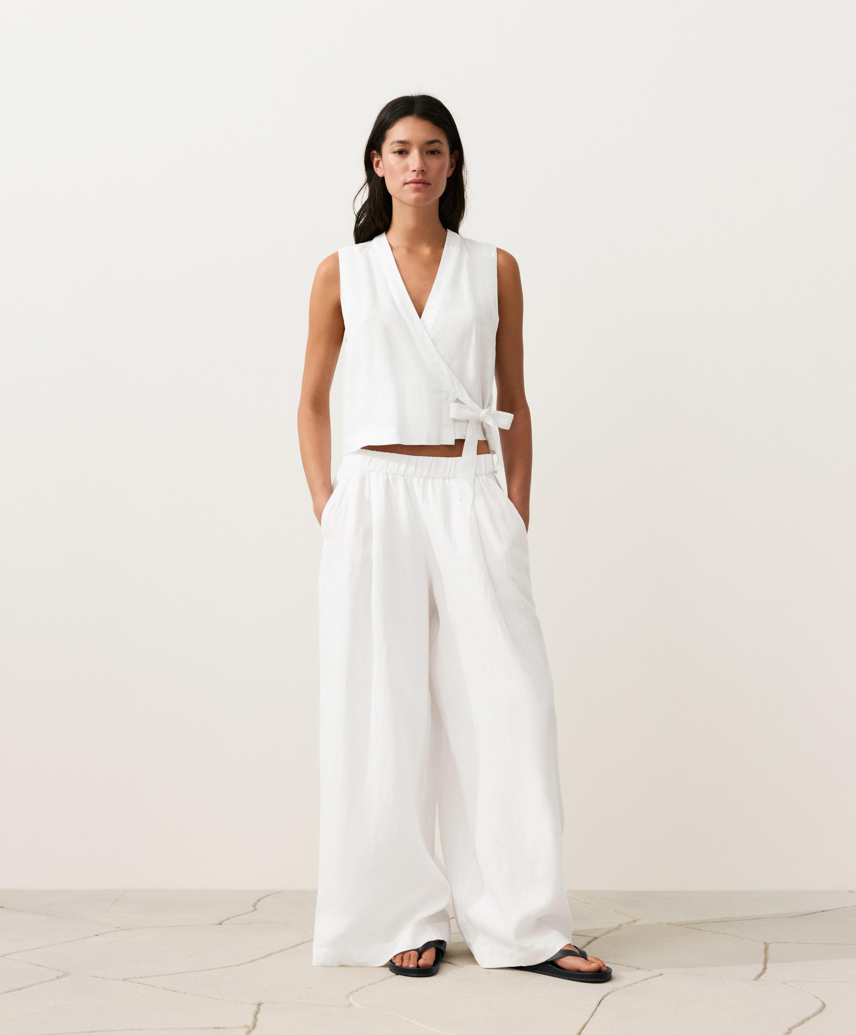 100% linen crossover top with tie fastening — WHITE