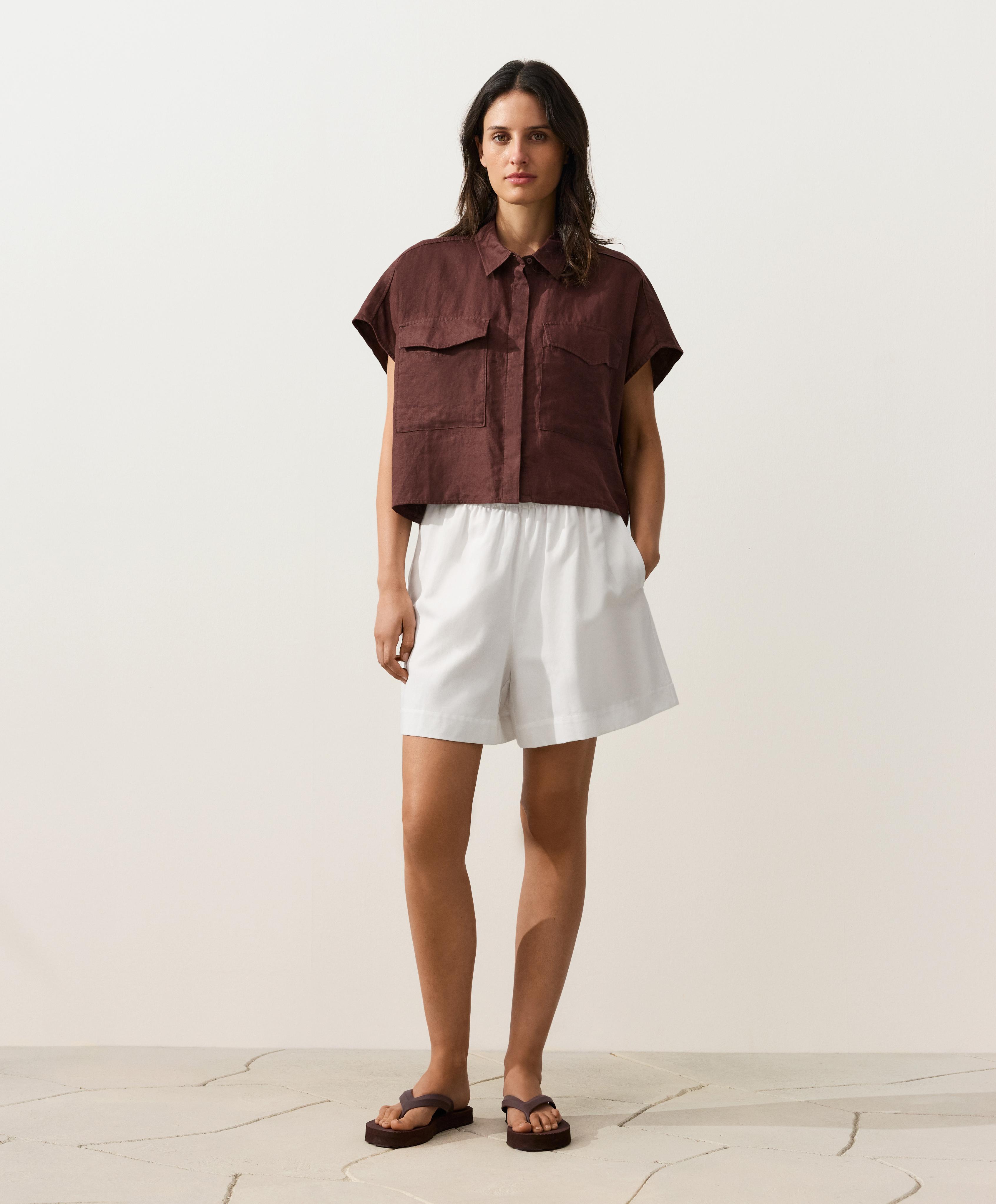 100% linen collared shirt with pockets — CHOCOLATE
