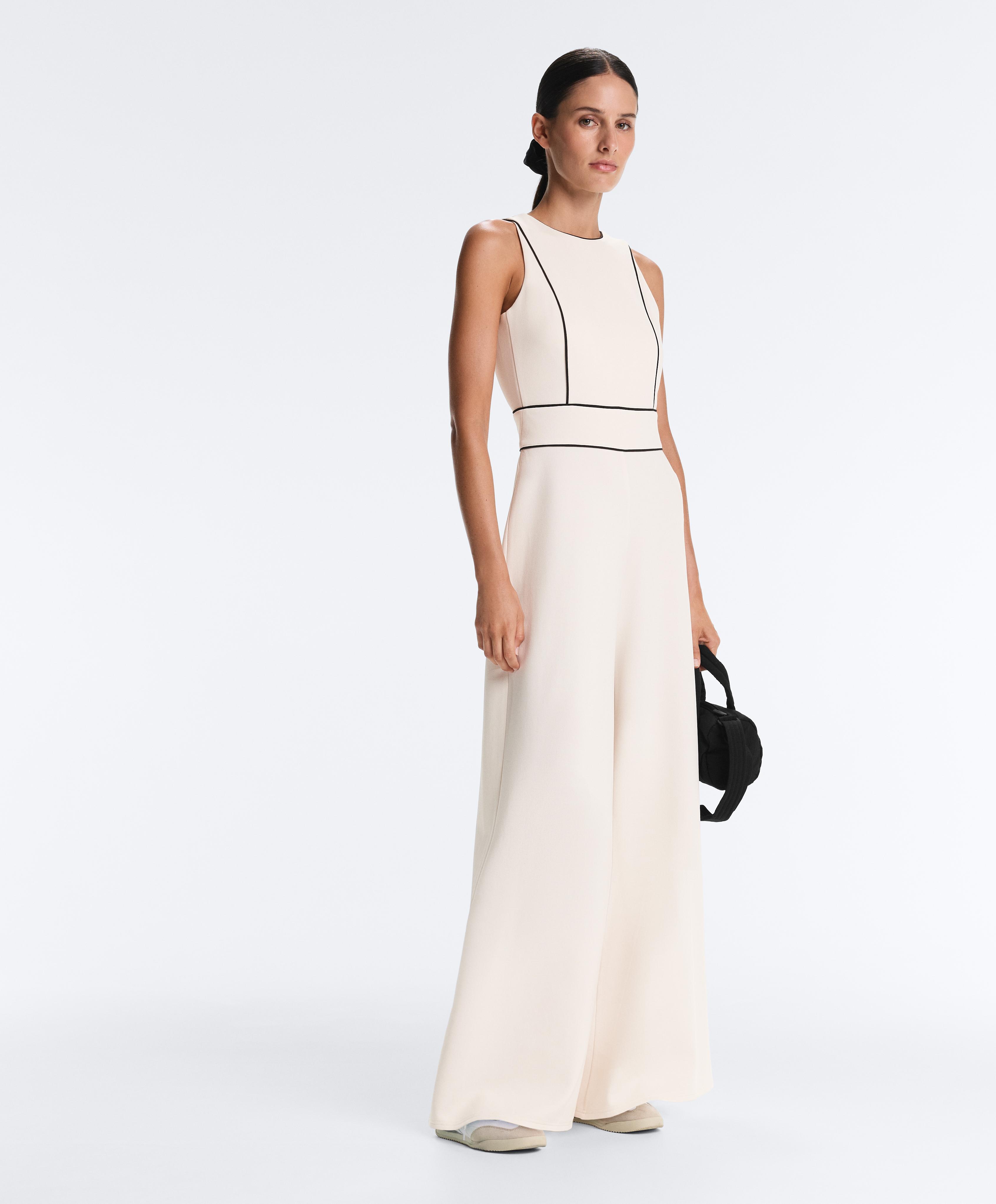 Long piping piqué jumpsuit with cotton — PALE ECRU