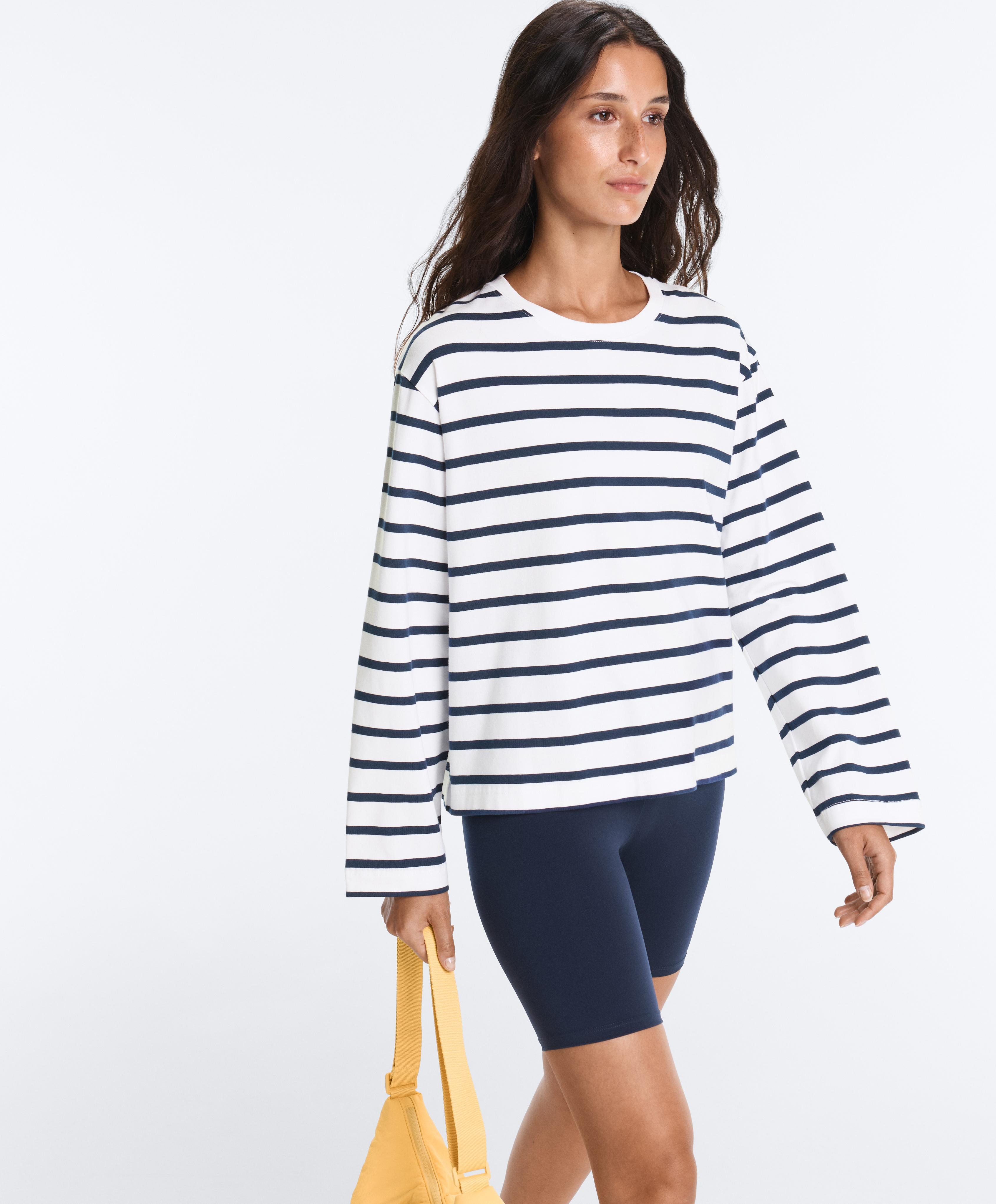 Boxy oversize striped cotton blend long sleeve T-shirt — NAVY BLUE