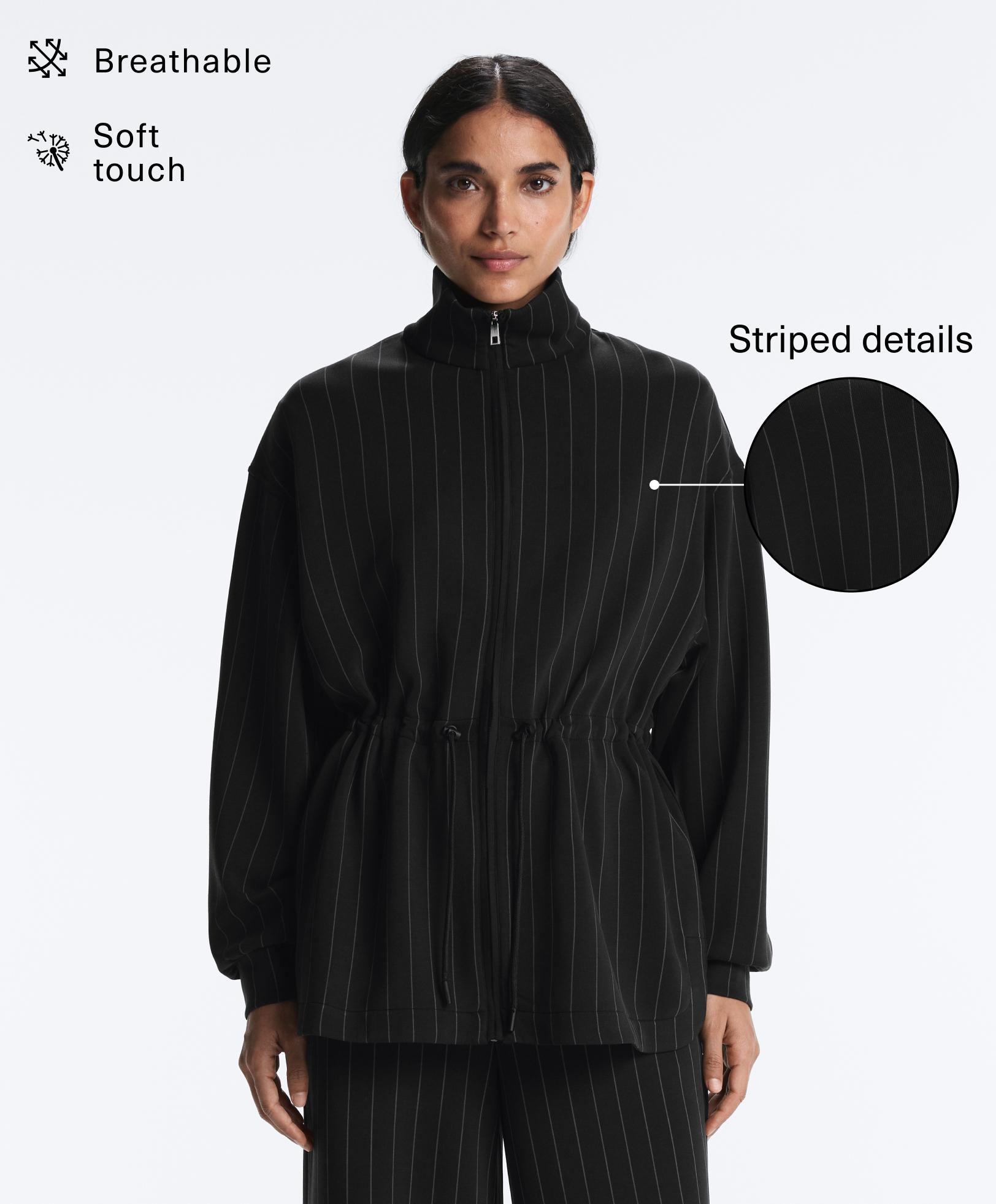 Long pinstripe jacket with adjustable waist and soft-touch modal Long pinstripe jacket with adjustable waist and soft-touch modal