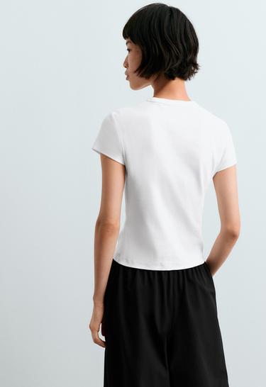 Fitted short-sleeved cotton blend rib T-shirt — WHITE  4