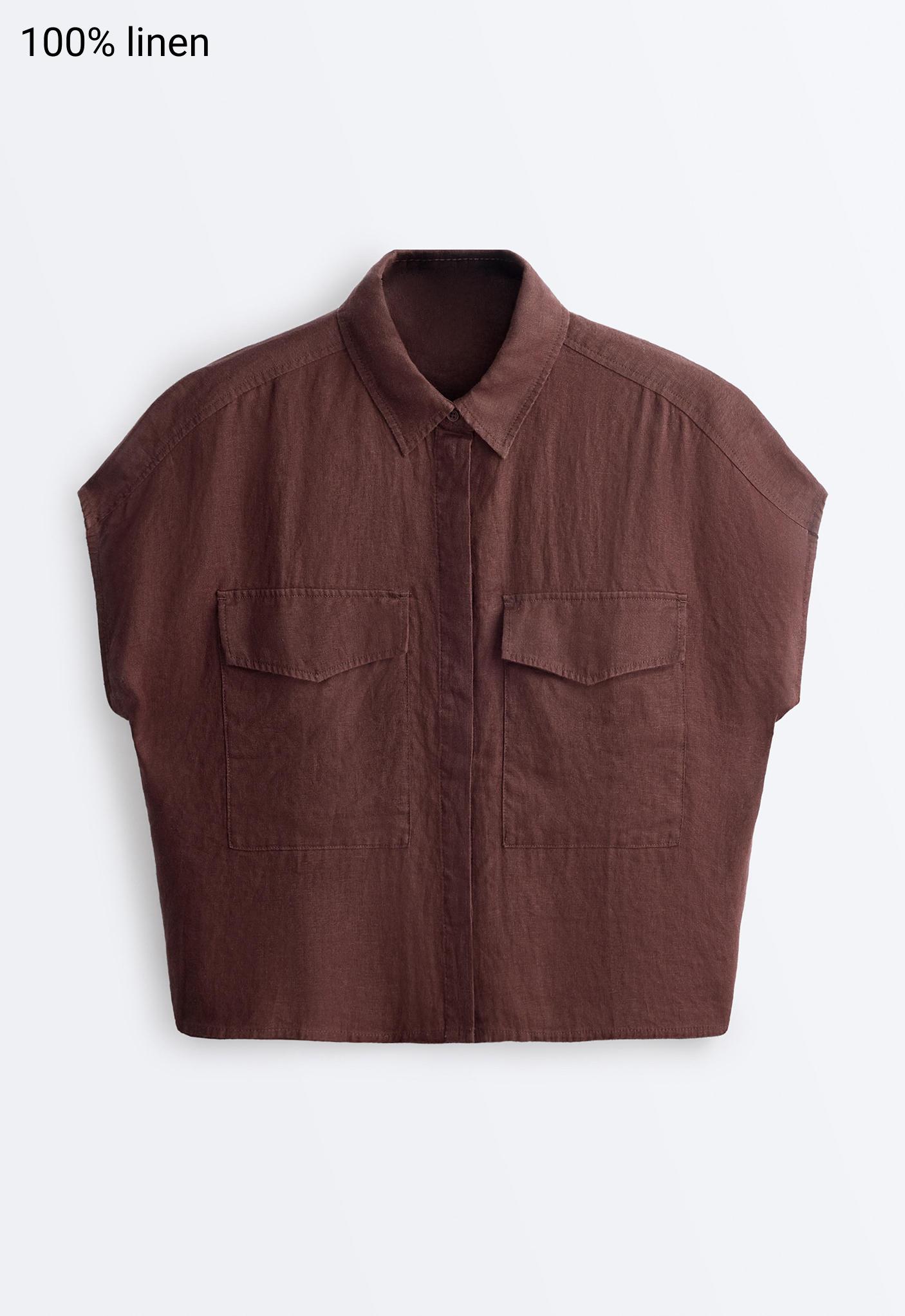 100% linen collared shirt with pockets — CHOCOLATE