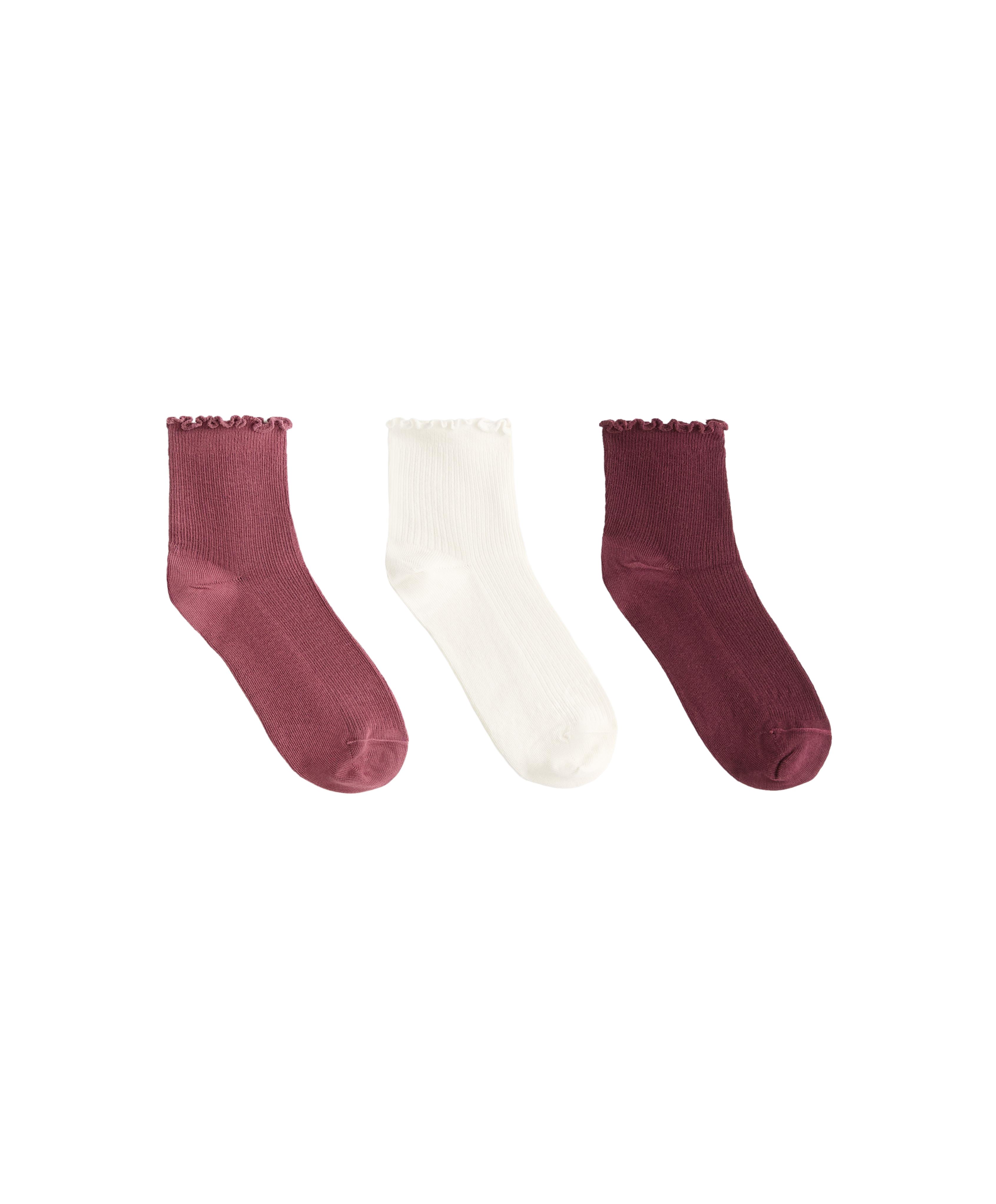 3 pairs of cotton blend quarter socks with curled edge — PLUM