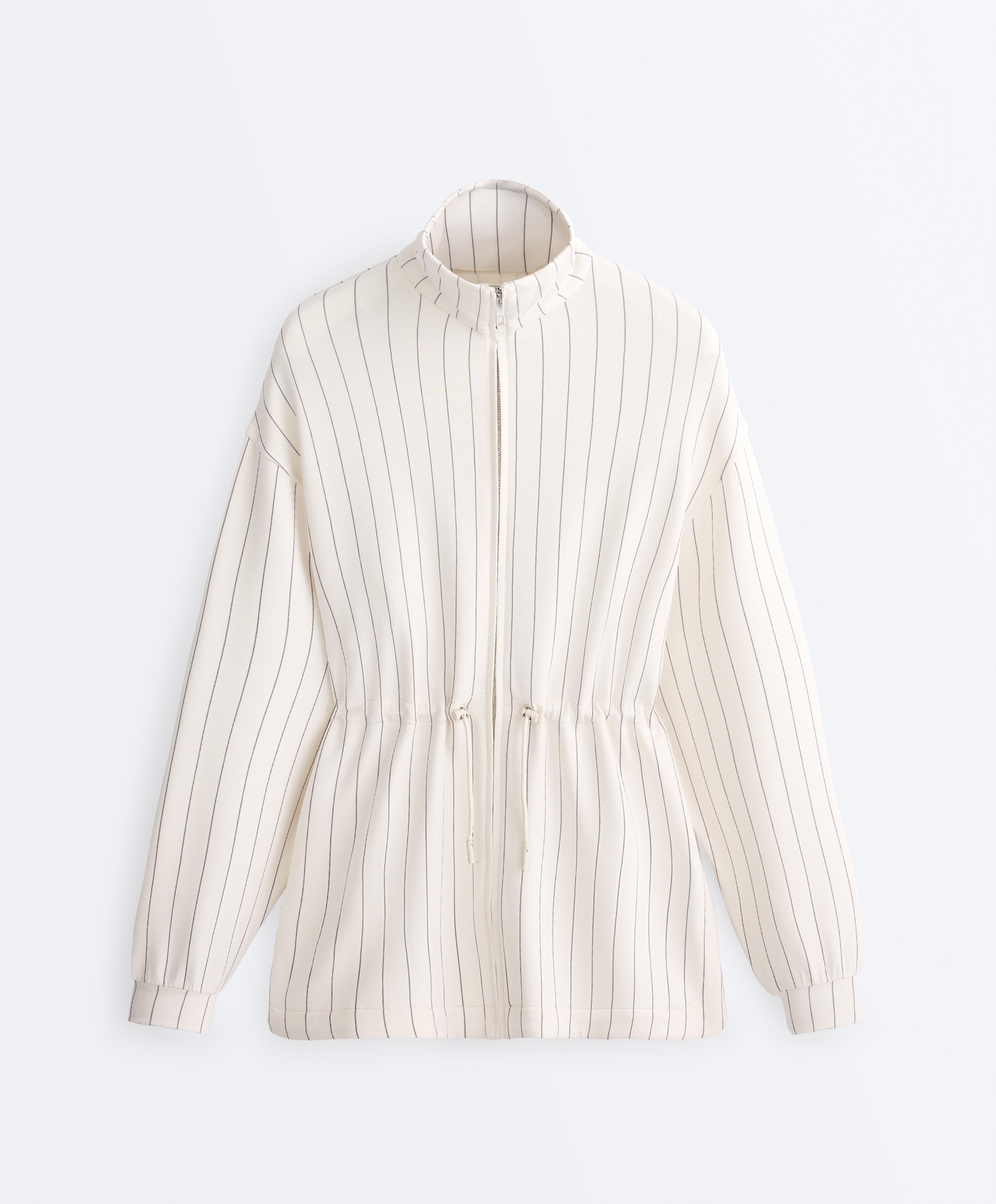 Long pinstripe jacket with adjustable waist and soft-touch modal