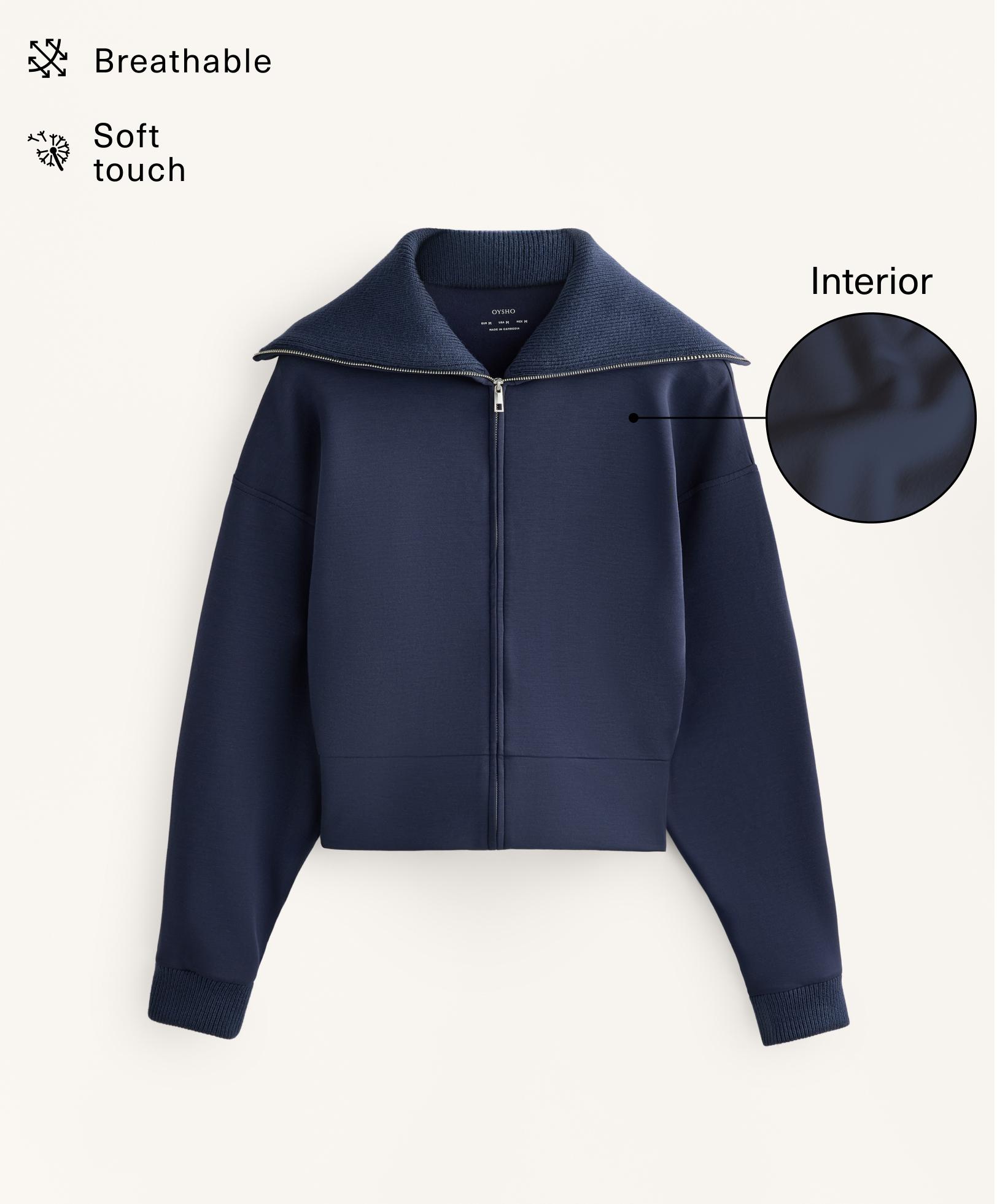 Fitted waist knit collar jacket with brushed modal — NAVY BLUE