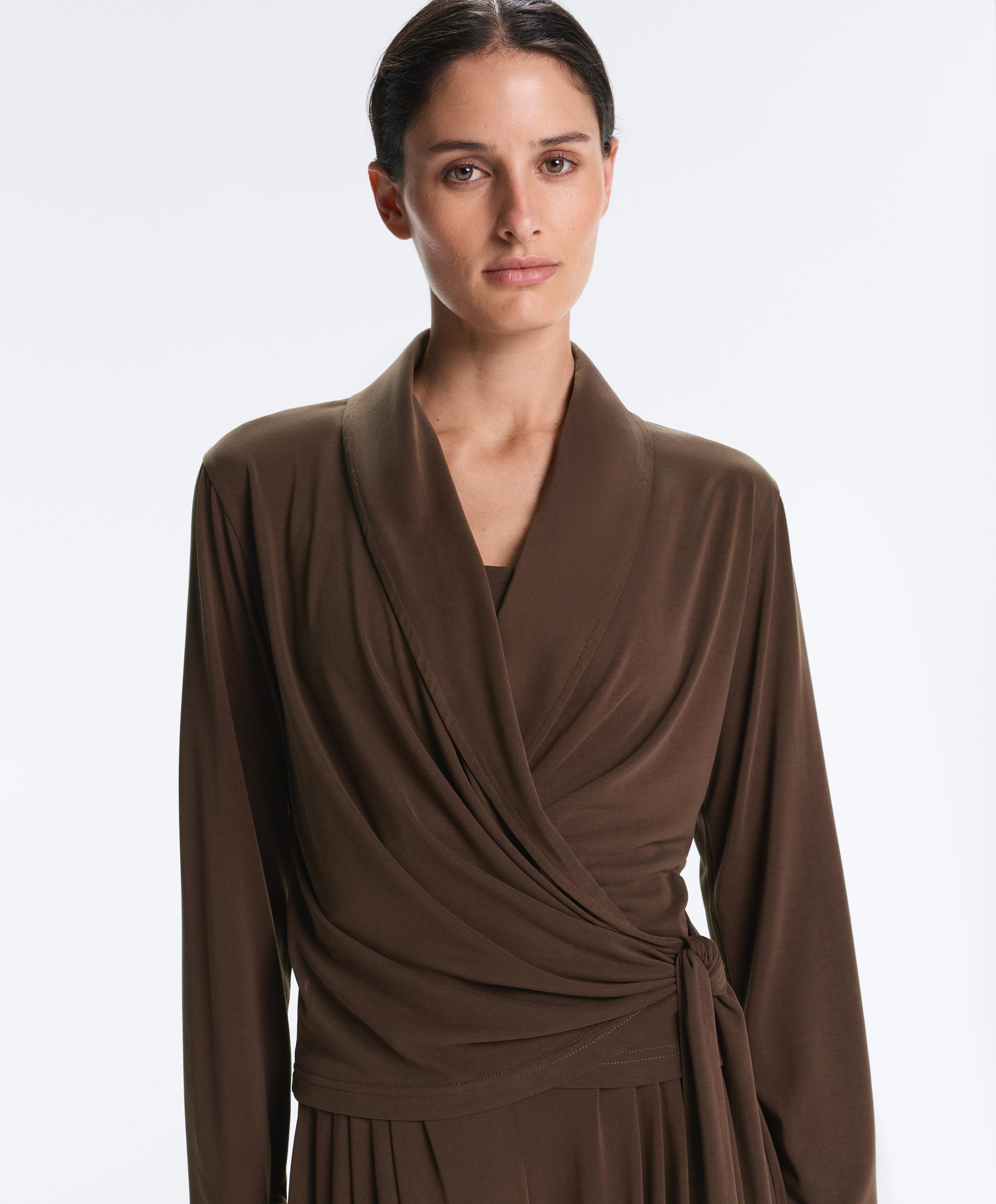 Modal blend long sleeve crossover T-shirt — DARK BROWN