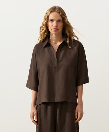 Oversize short-sleeve 100% linen polo shirt — DARK BROWN 1