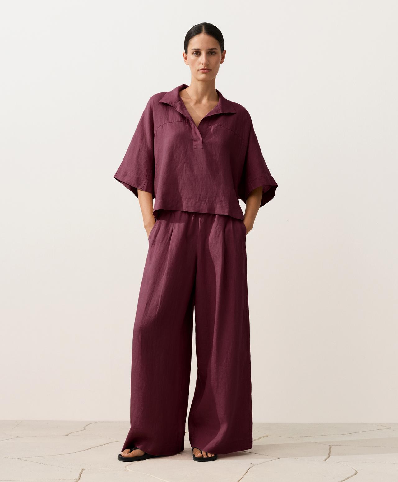 Oversize 100% linen polo shirt — CHERRY