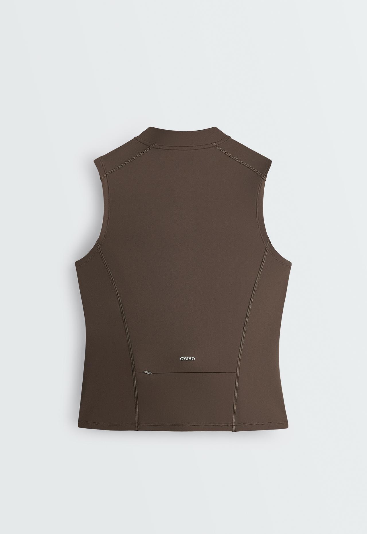 Sleeveless zip T-shirt — BROWN