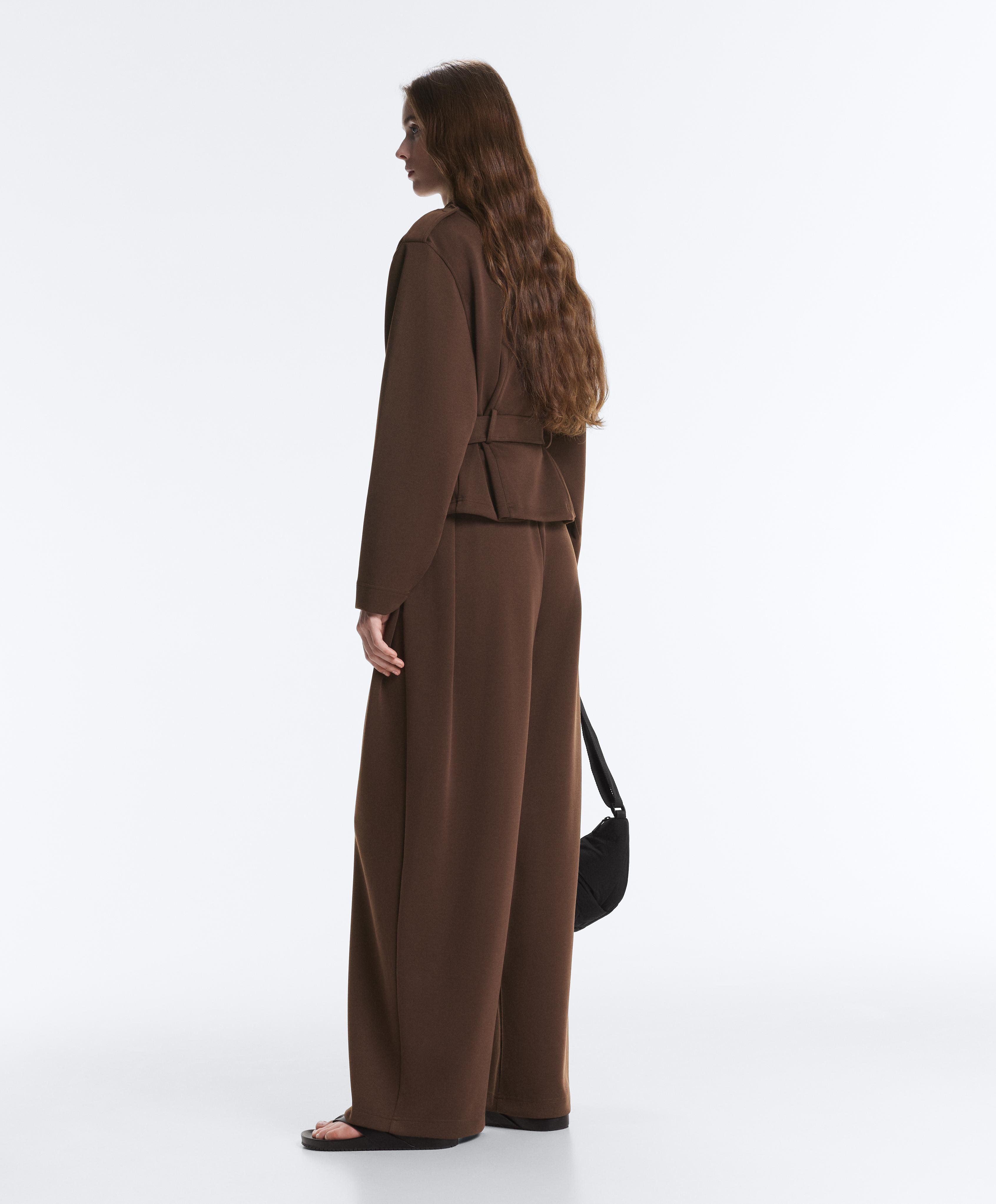 Cropped piqué utility jacket with belt — DARK BROWN