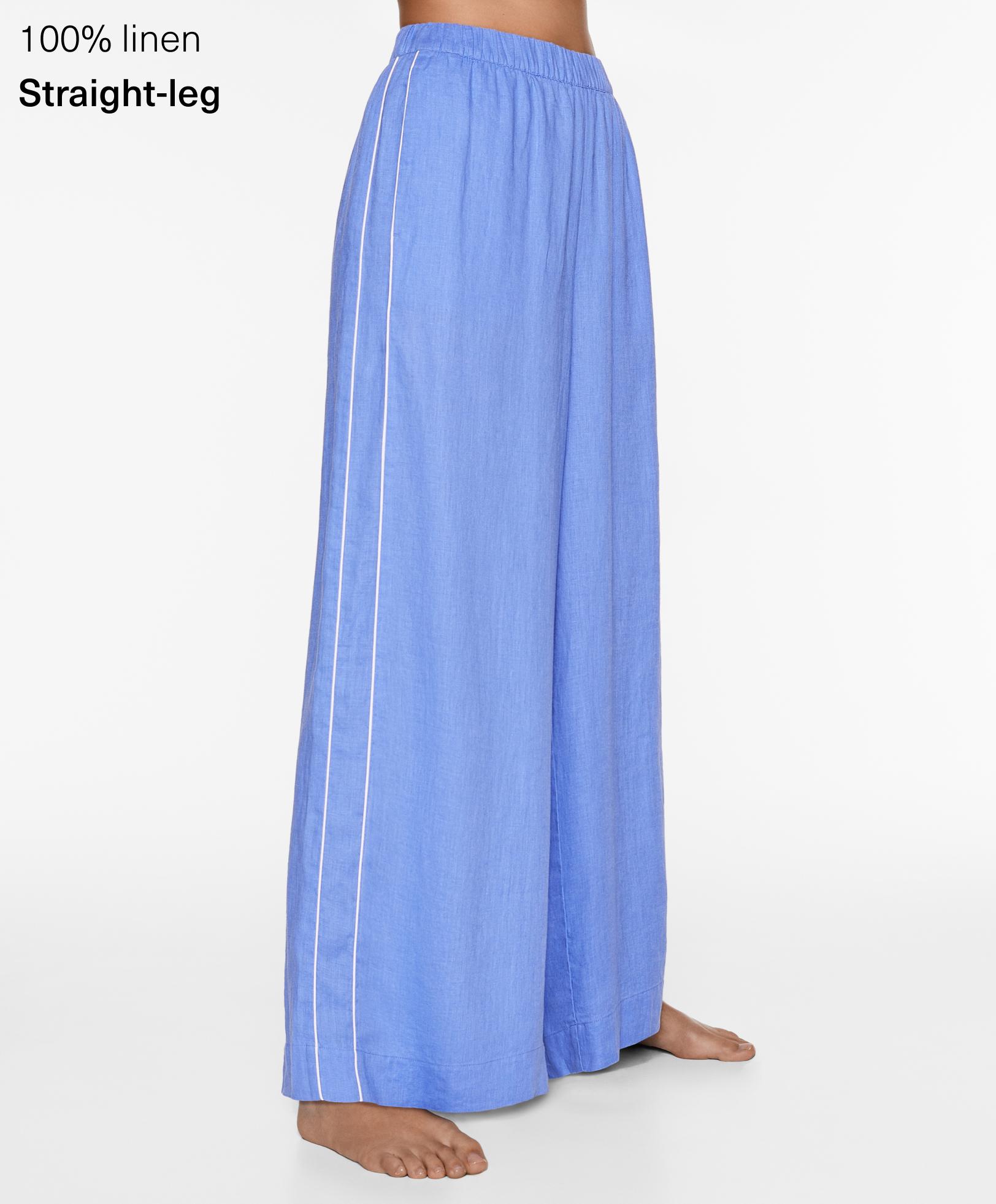 100% linen wide straight-leg trousers with piping - Sale