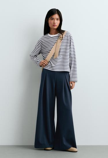 Wide-leg pique trousers with cotton — NAVY BLUE 1