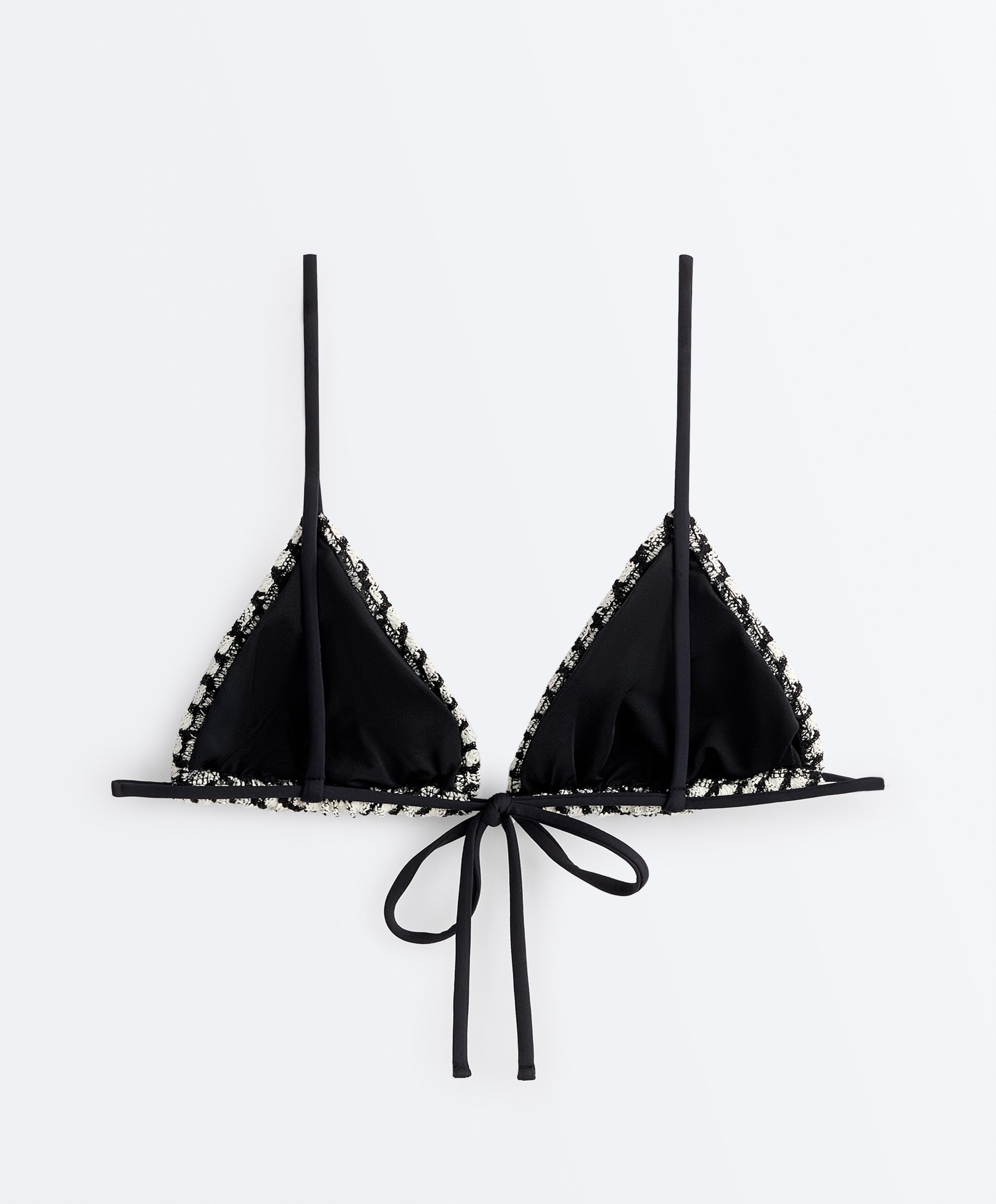Contrast crochet triangle bikini top — BLACK