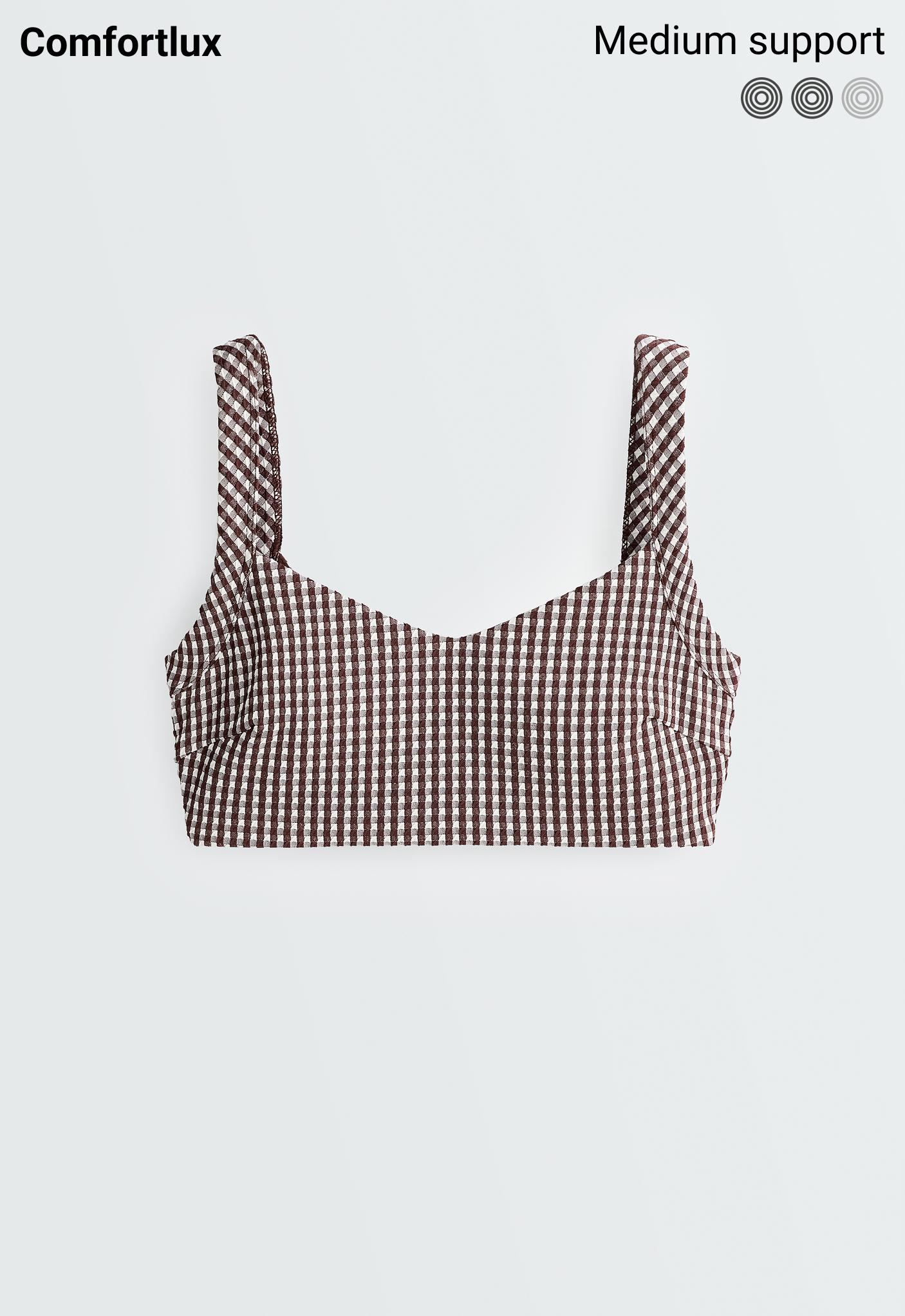 Medium-support gingham sports bra — DARK REDDISH‑BROWN