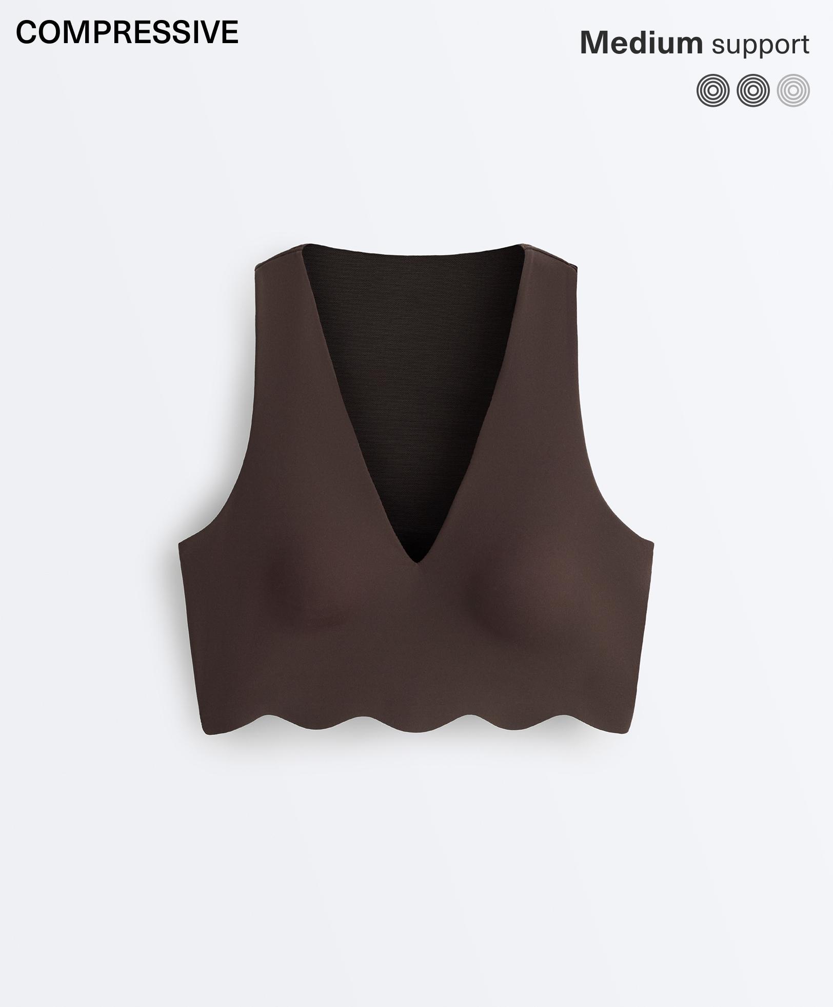 Wavy medium-support compressive sports bra — DARK REDDISH‑BROWN