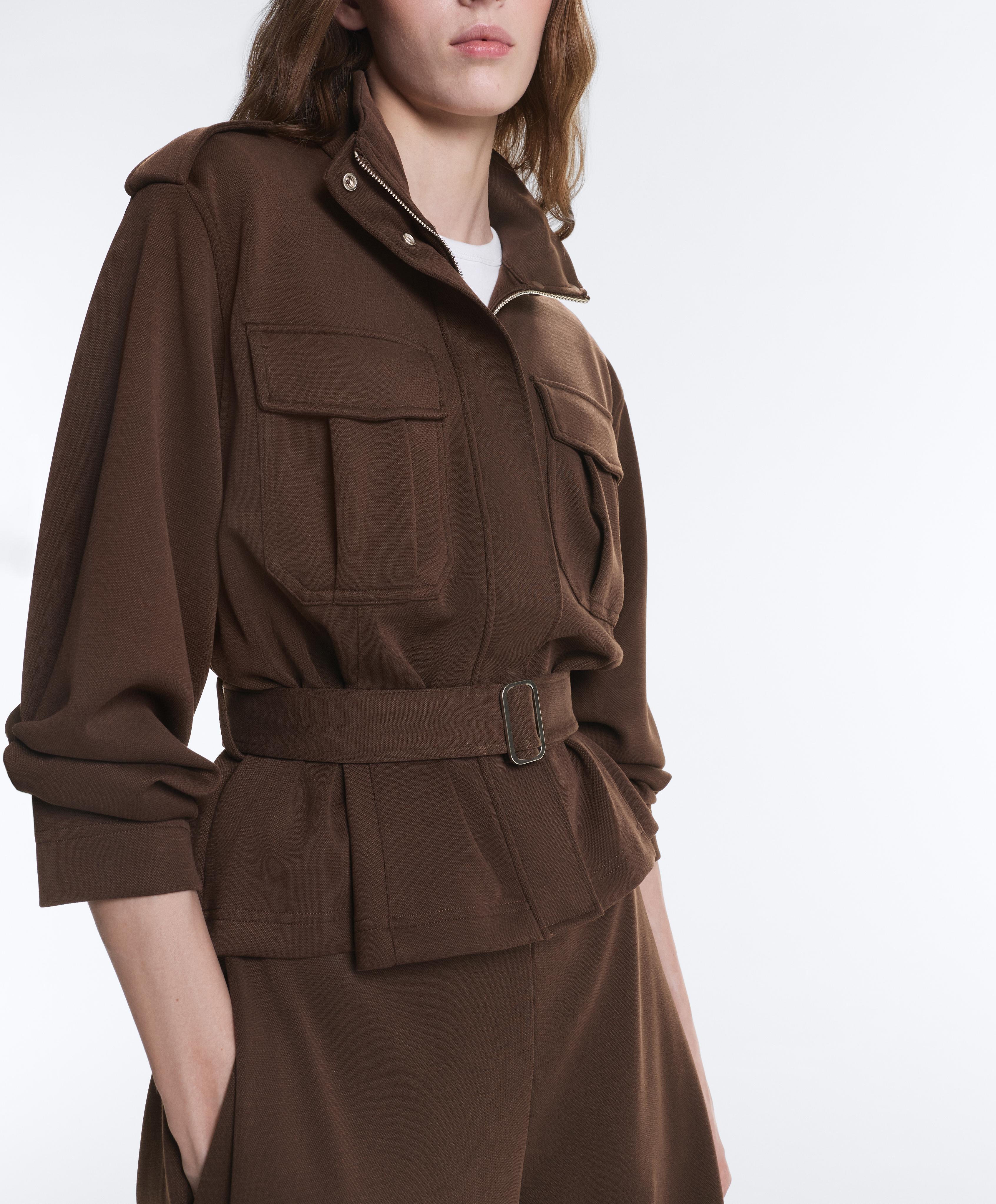 Cropped piqué utility jacket with belt — DARK BROWN