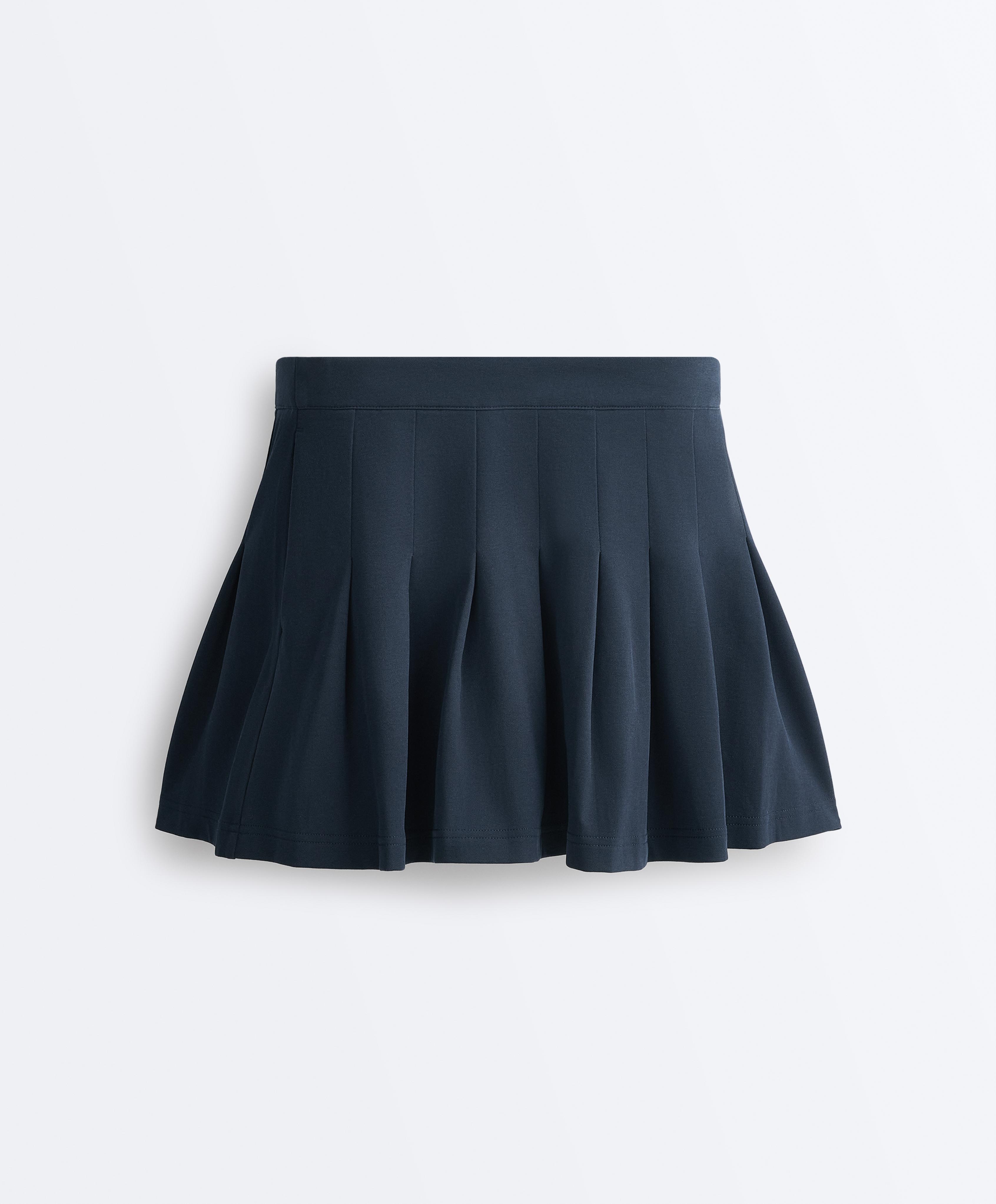 Cotton piqué pleated mini skirt — NAVY BLUE