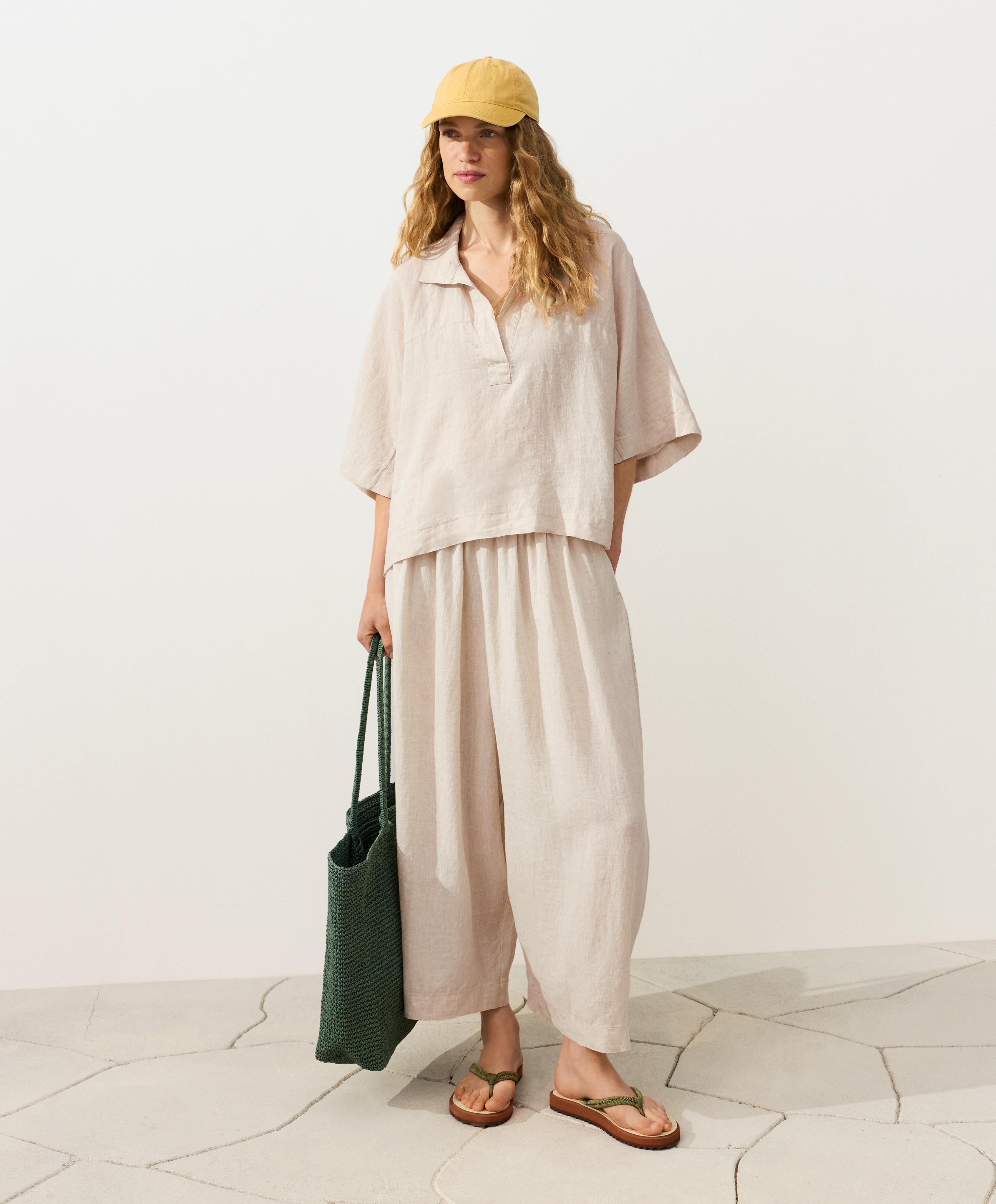 100% linen crop balloon trousers — SAND MELANGE