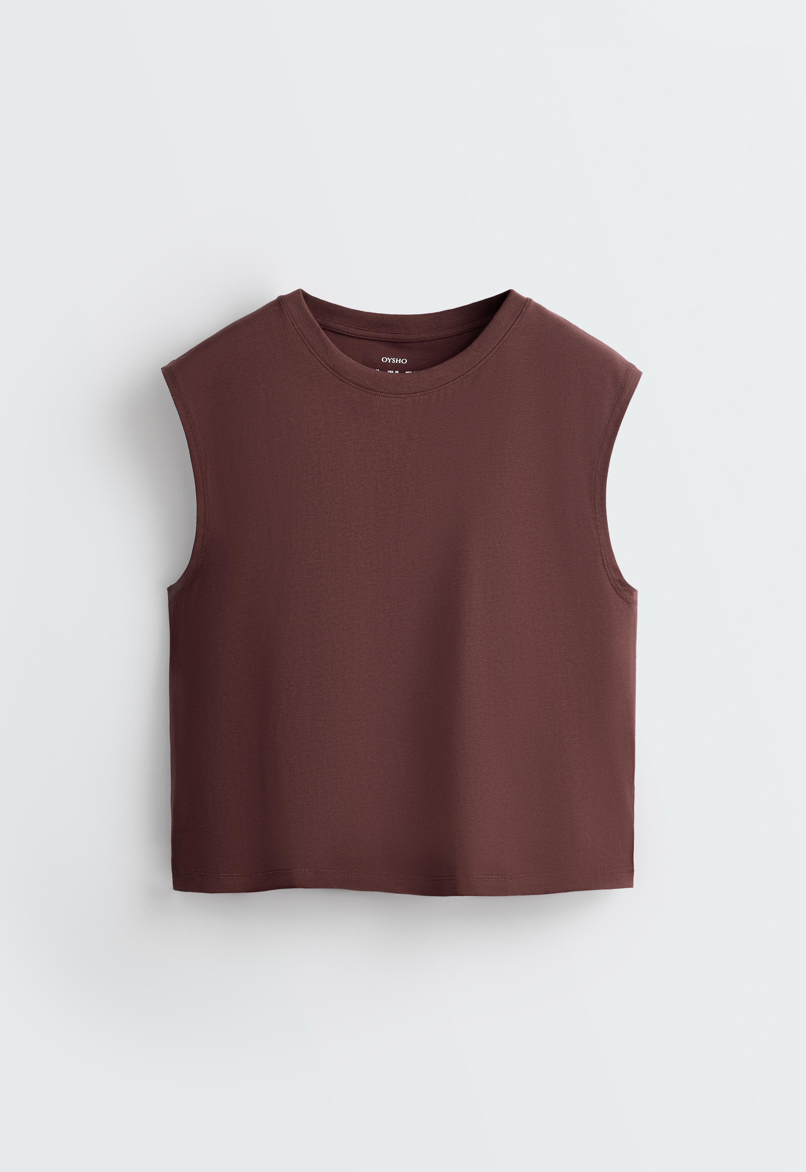 Cotton blend sleeveless T-shirt — CHOCOLATE