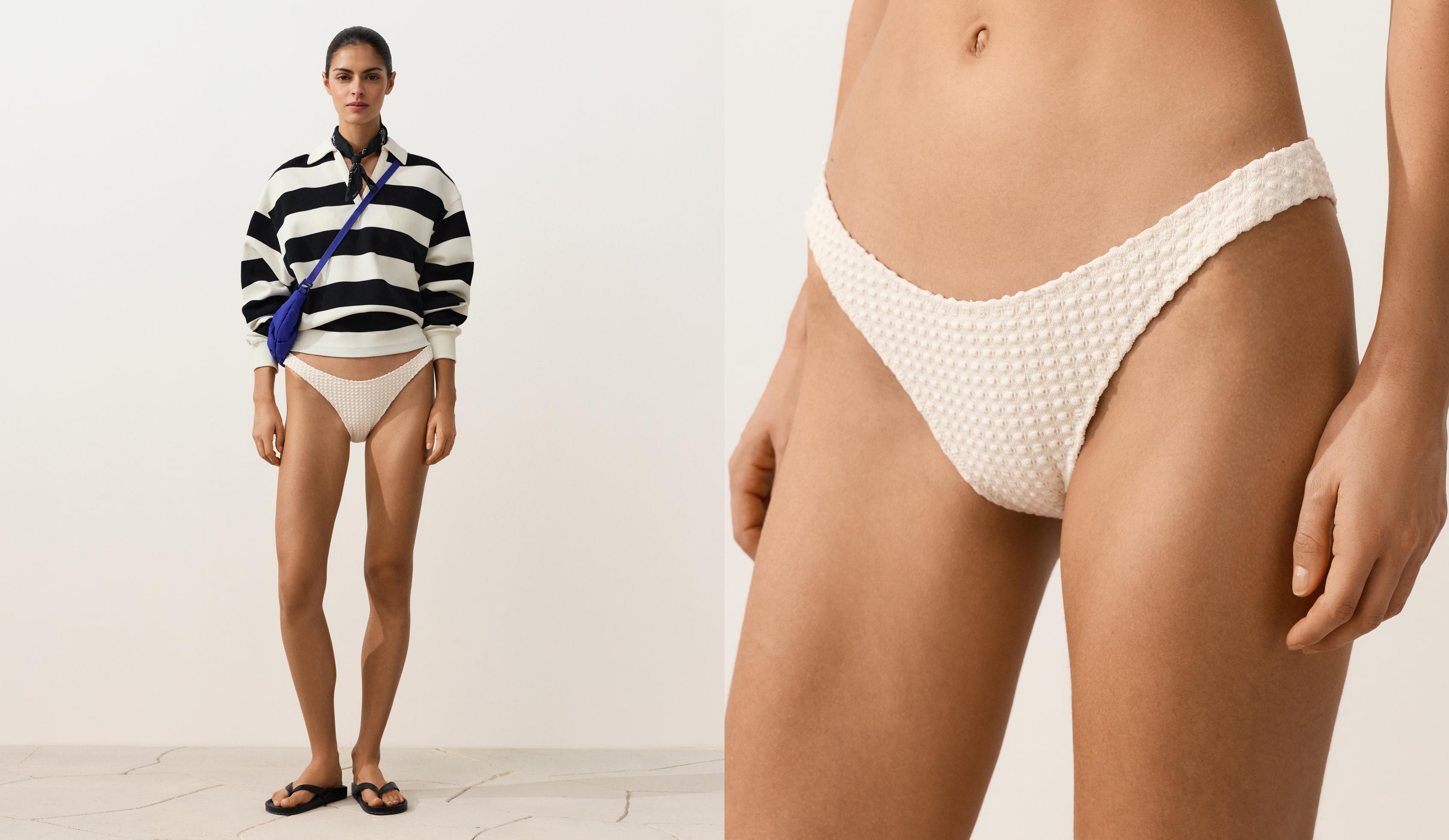 U-cut bubble-texture crochet medium-coverage bikini briefs — ECRU