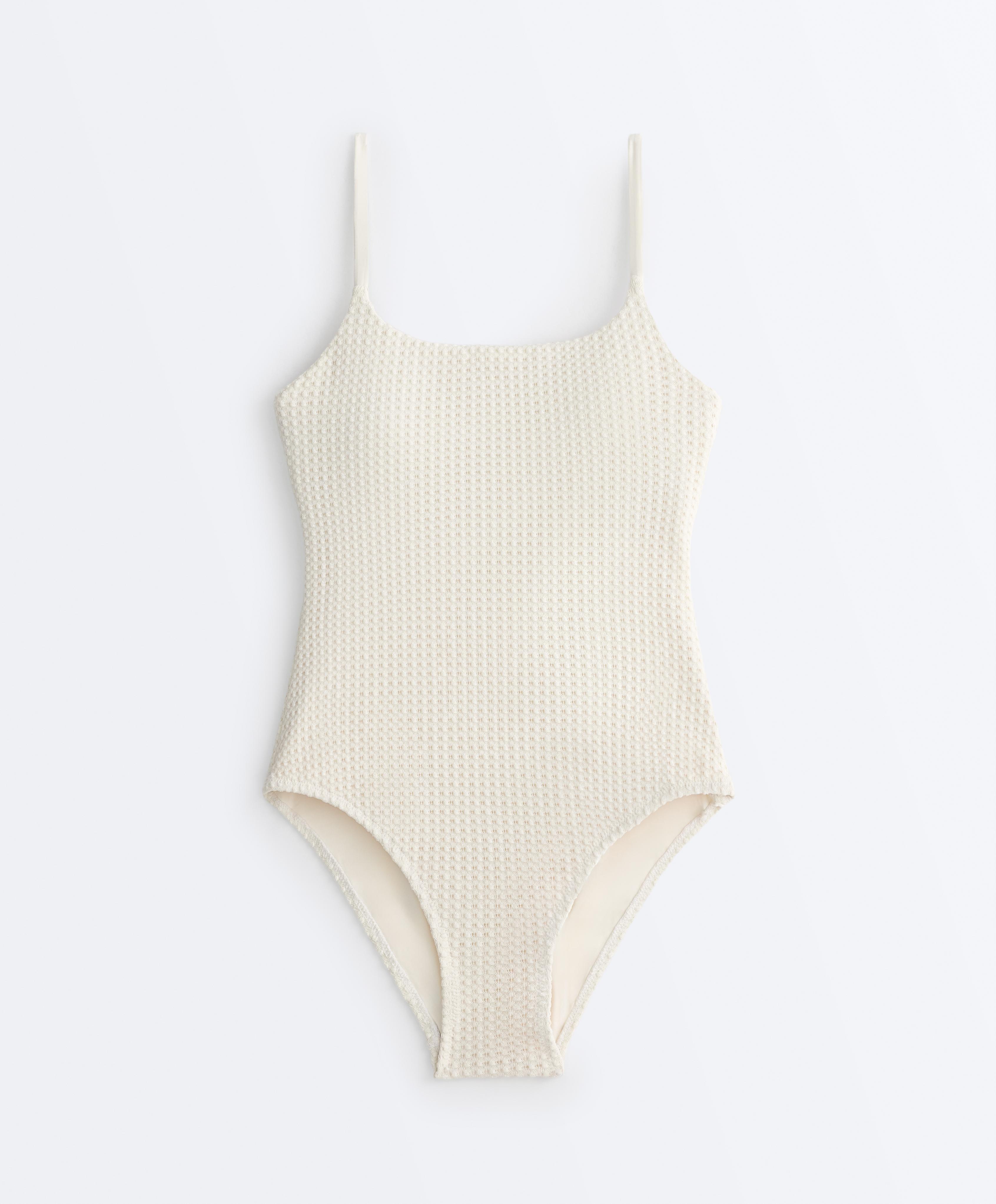 Bubble-texture crochet round neck swimsuit — ECRU