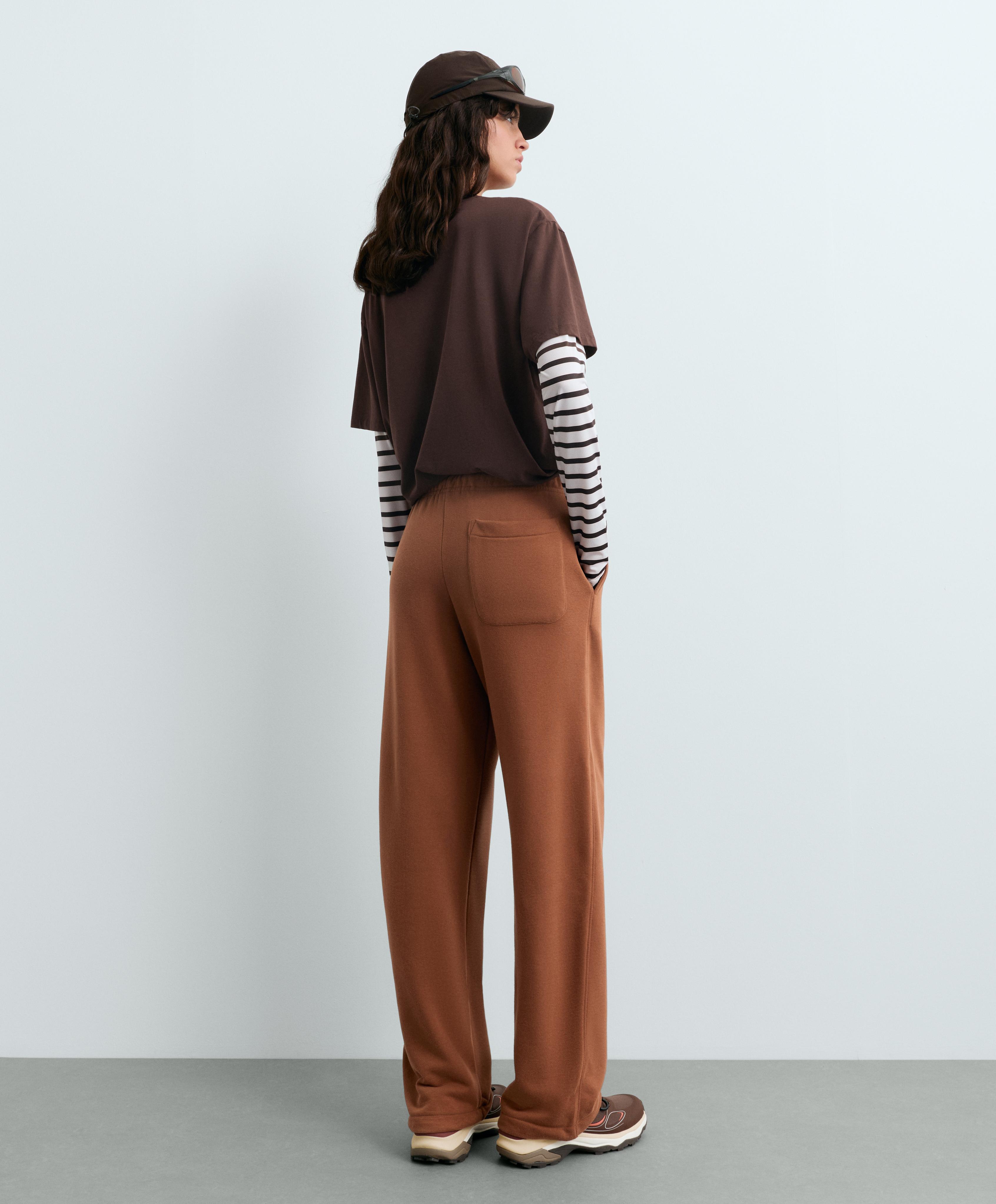 Cotton blend fleece straight-leg trousers — DARK CAMEL