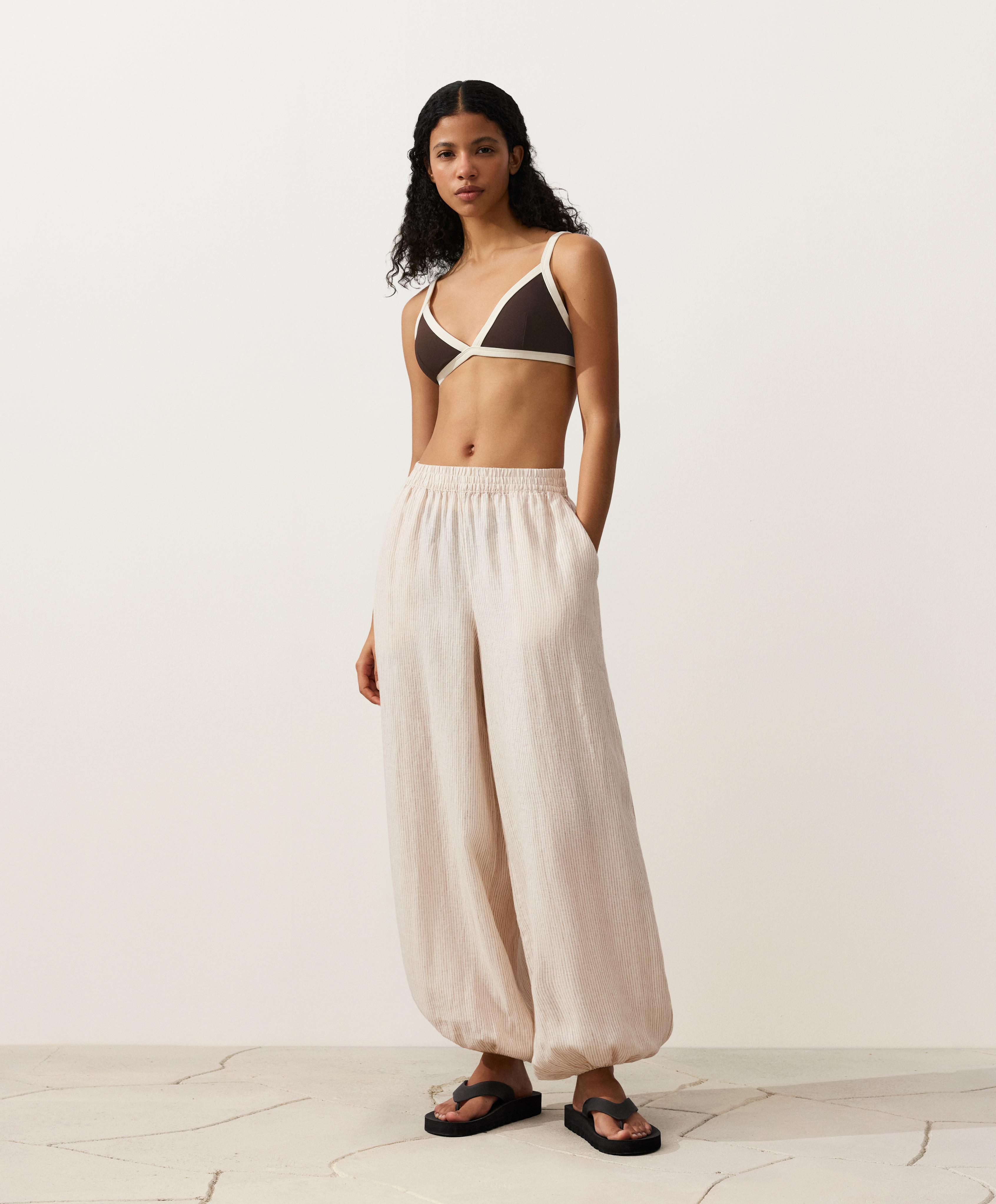 Contrast trim triangle bikini top — DARK BROWN