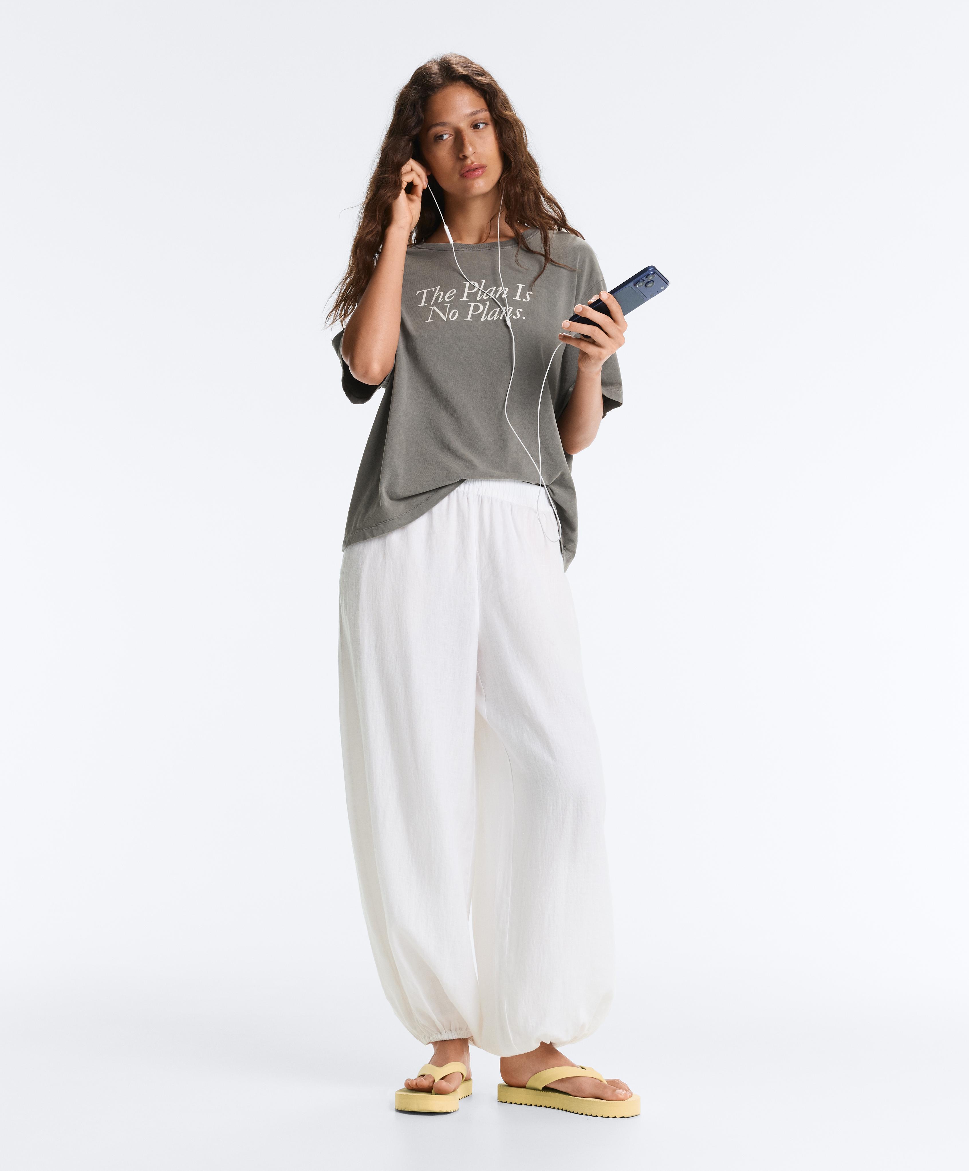 Boxy short-sleeved cotton blend T-shirt with slogan — CHARCOAL GREY