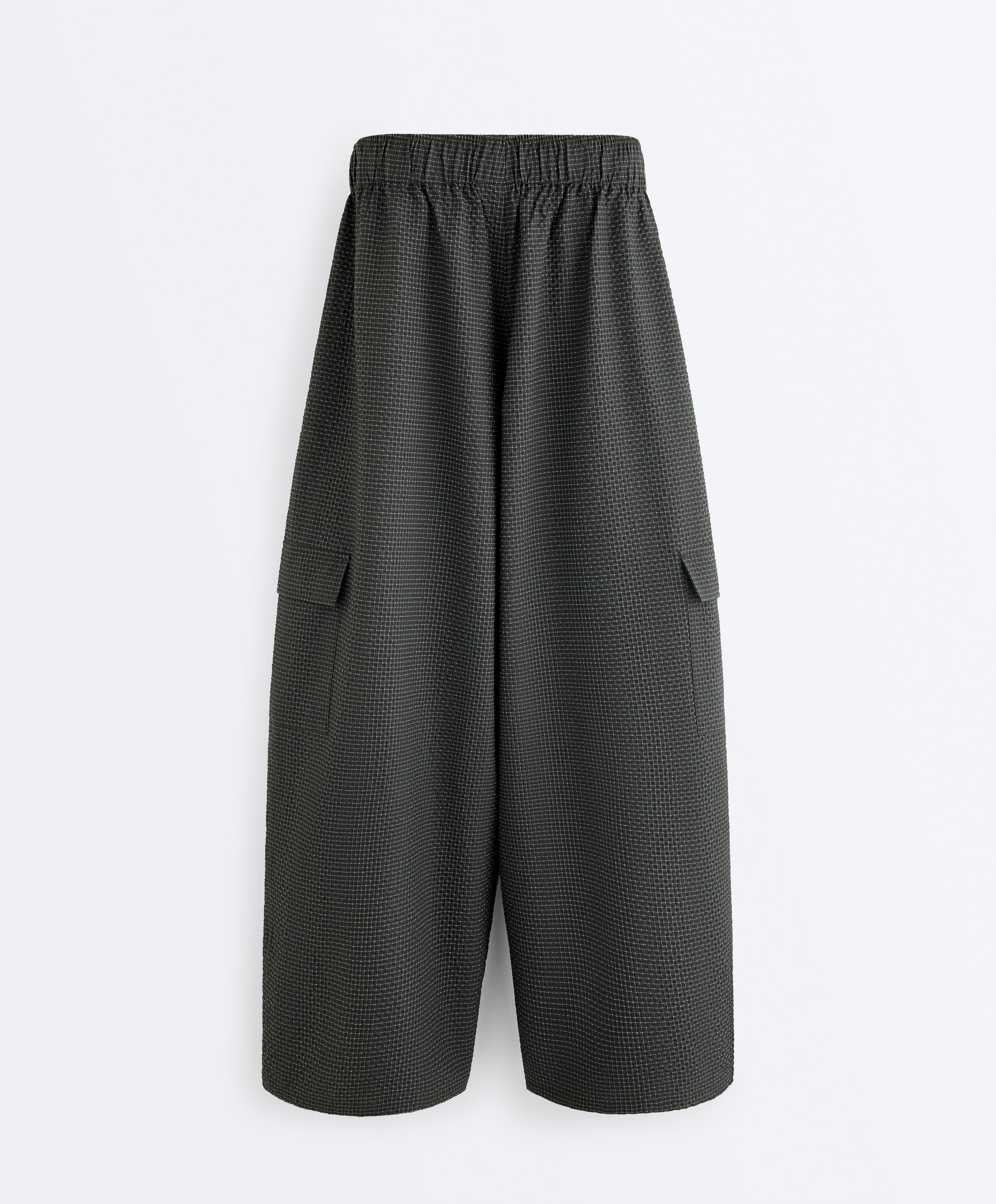 Water-repellent checked nylon long cargo trousers — BLACK