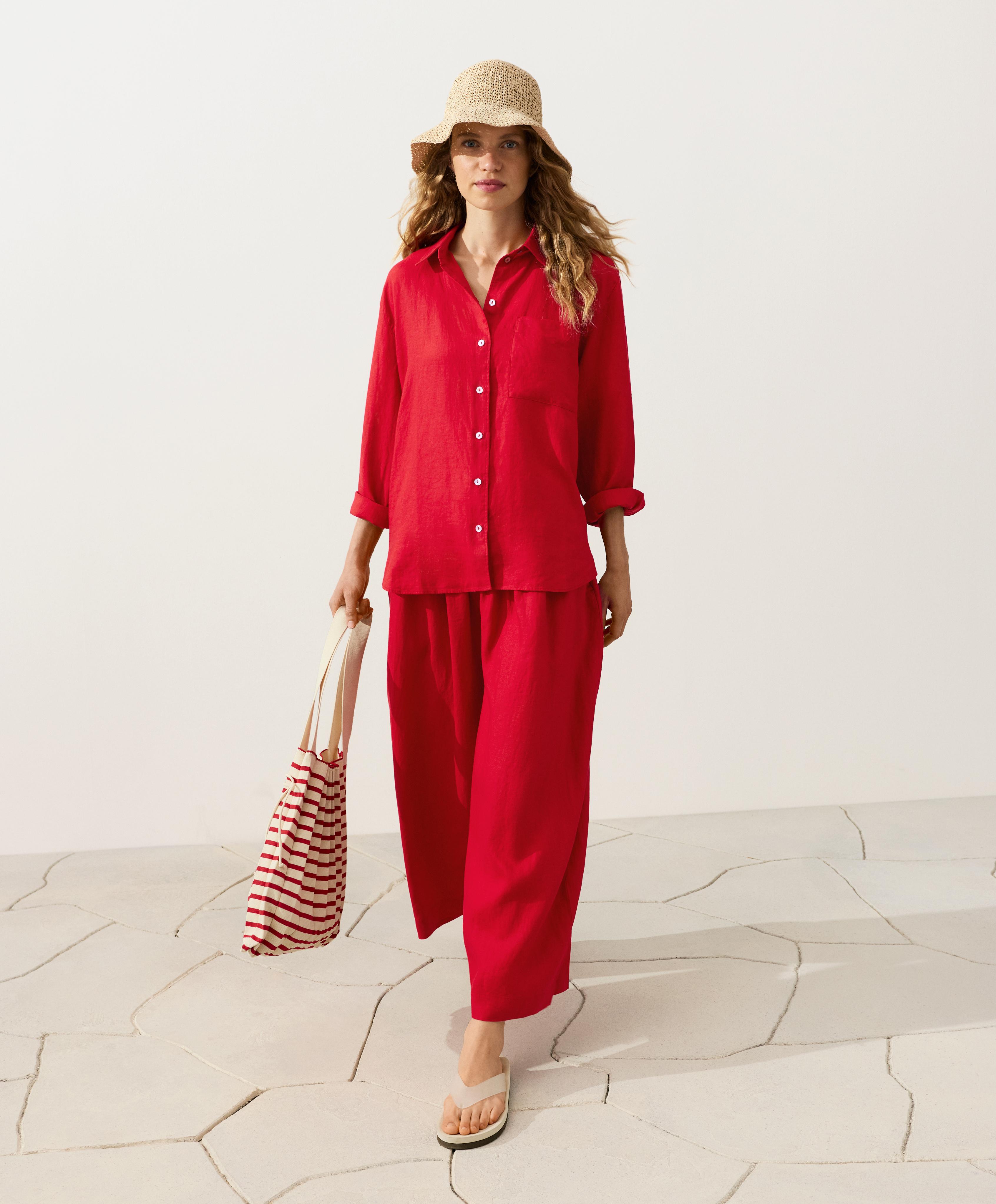 100% linen crop balloon trousers — BRIGHT RED