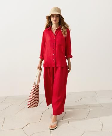 100% linen crop balloon trousers — BRIGHT RED 5