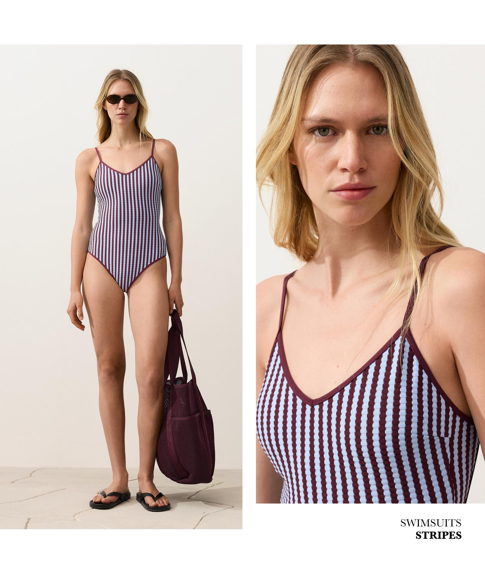 Textured stripe triangle swimsuit — CHERRY